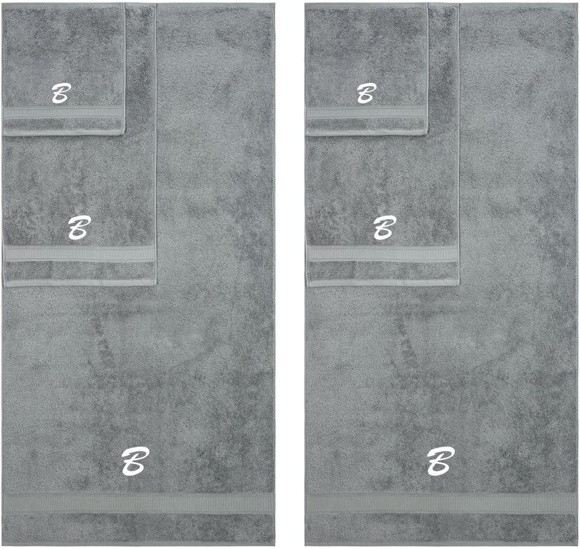 Monogrammed Towel Set, Hotel & Spa Quality, Super Soft, Highly Absorbent, Bathroom Sets, 100% Cotton Personalized 6 Piece Towel Set, Includes 2 Bath Towels, 2 Hand Towels, 2 Washcloths, Grey