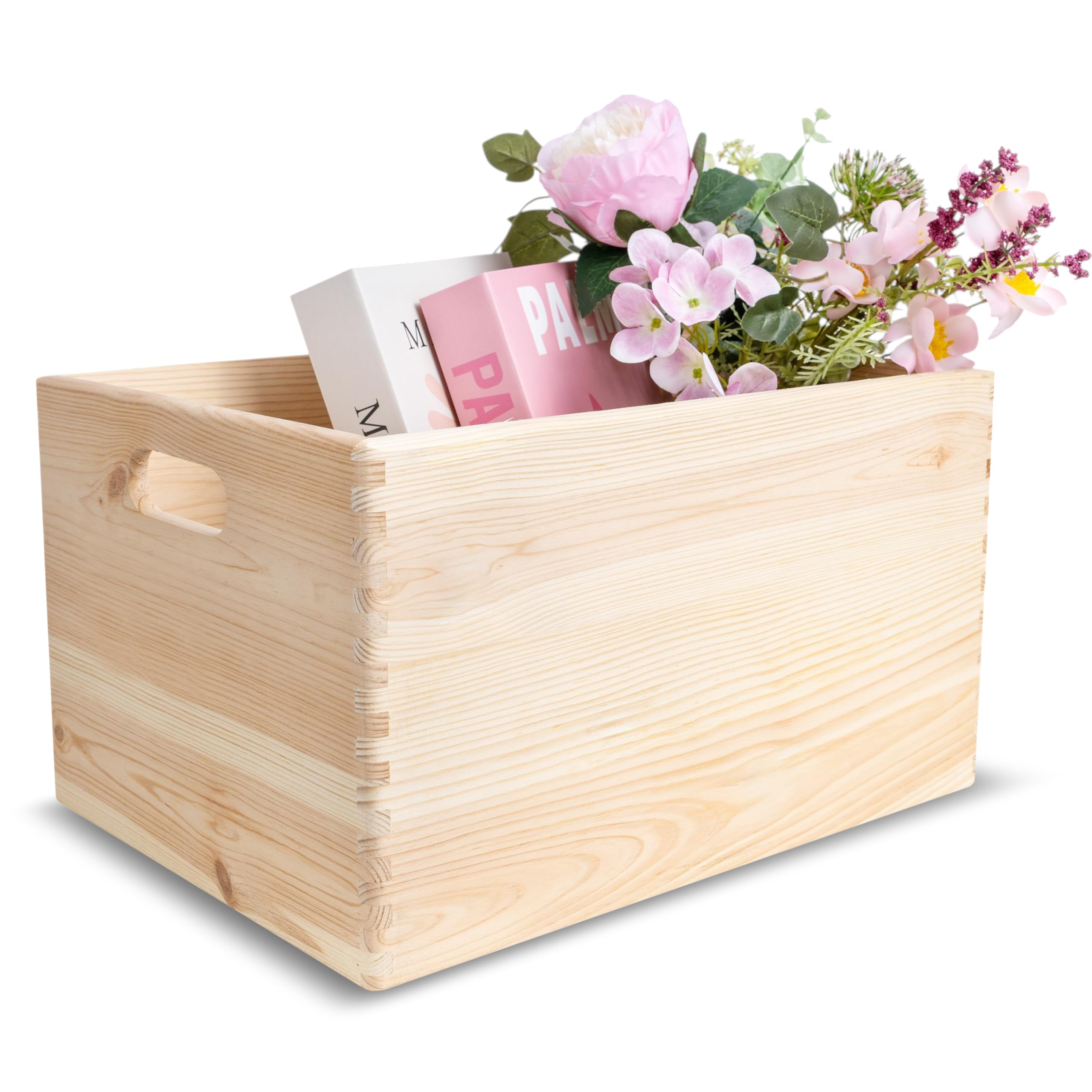 Creative Deco XXL Wooden Crate with Handles | 40 x 30 x 24 cm (+/- 1 cm) | Plain Unpainted Christmas Xmas Storage Box | Natural Wood | Gift Box Wooden Crates for Kitchen Home Storage Documents