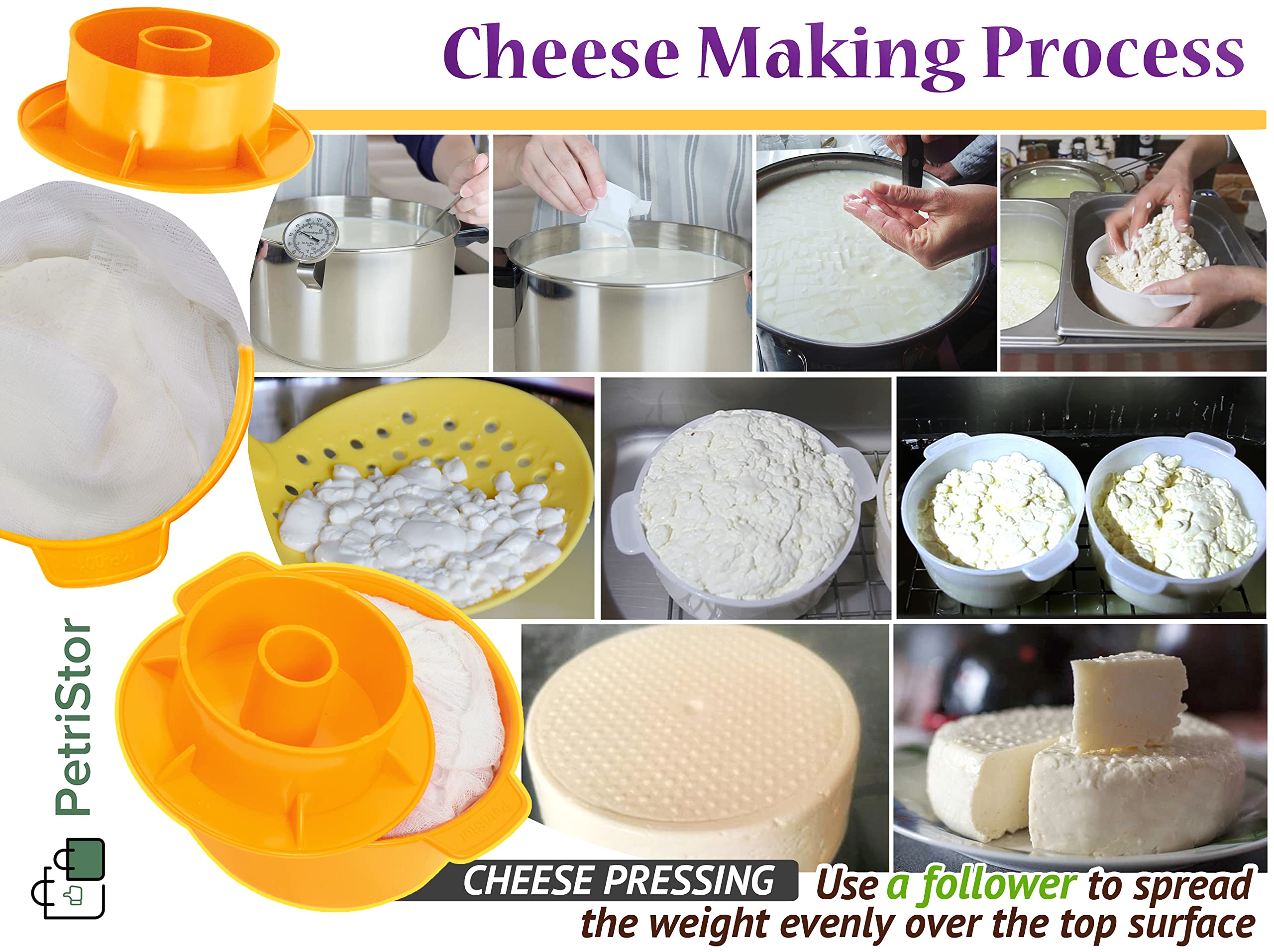 PetriStor 2-teiliges Käseherstellungs-Set, Butter-gestanzt, Cheese-Formpresse, Sieb, Käse mit Kolben, 1,2 Liter, Tofu-Pressform, Käseherstellungs-Set, Maschinenfarbe: Gelb