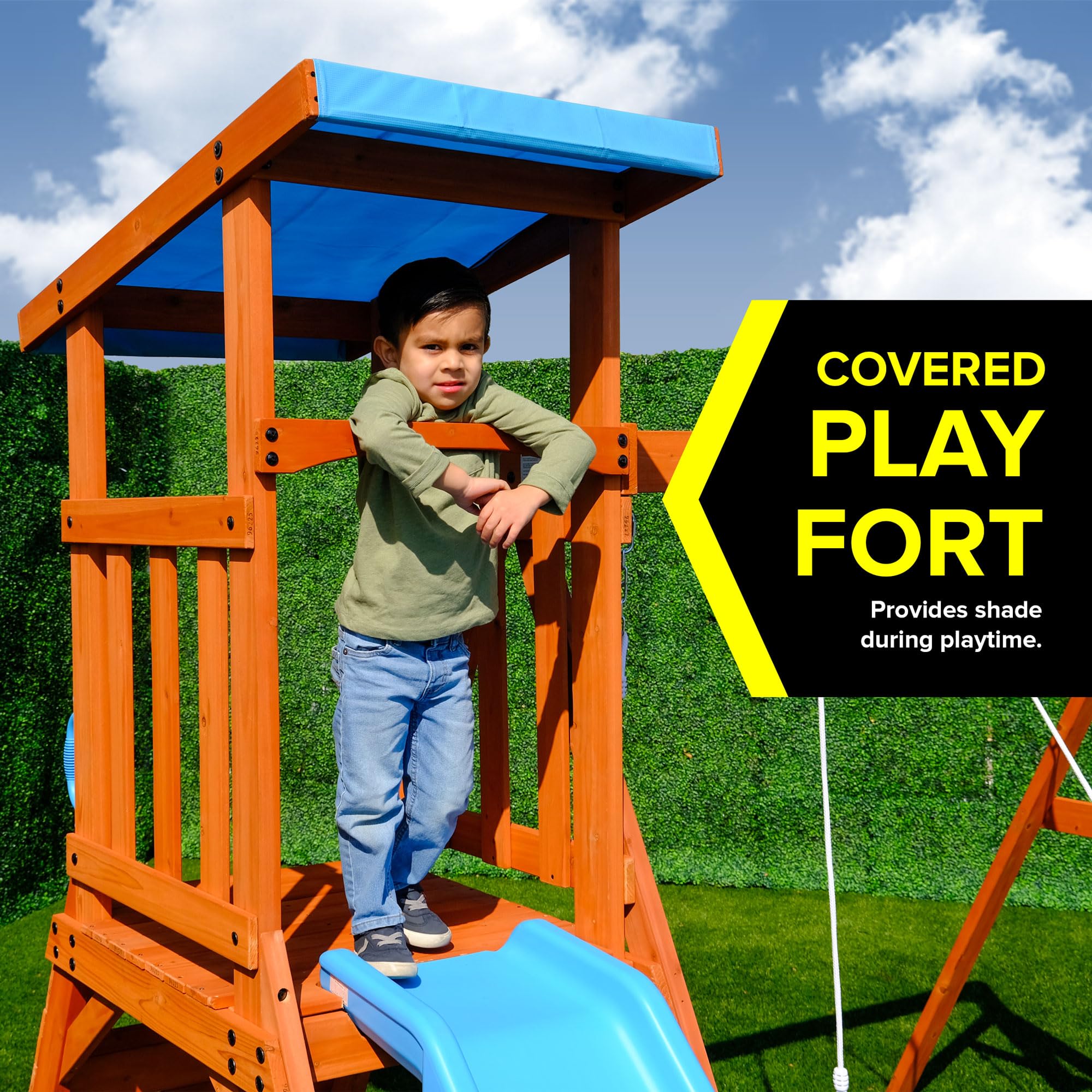 Sportspower Outdoor Grand Teton Wooden Swing Playset: 2 Swings, Fort, Sandbox, Ladder, 6' Slide & Ground Anchor Kit