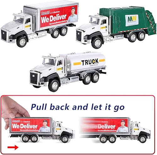 Miniatura 4 de G.C Juego de 3 vehículos de transporte fundidos a presión, camión de basura, camión cisterna, camión de reparto a escala 1:50, juguete de coche de