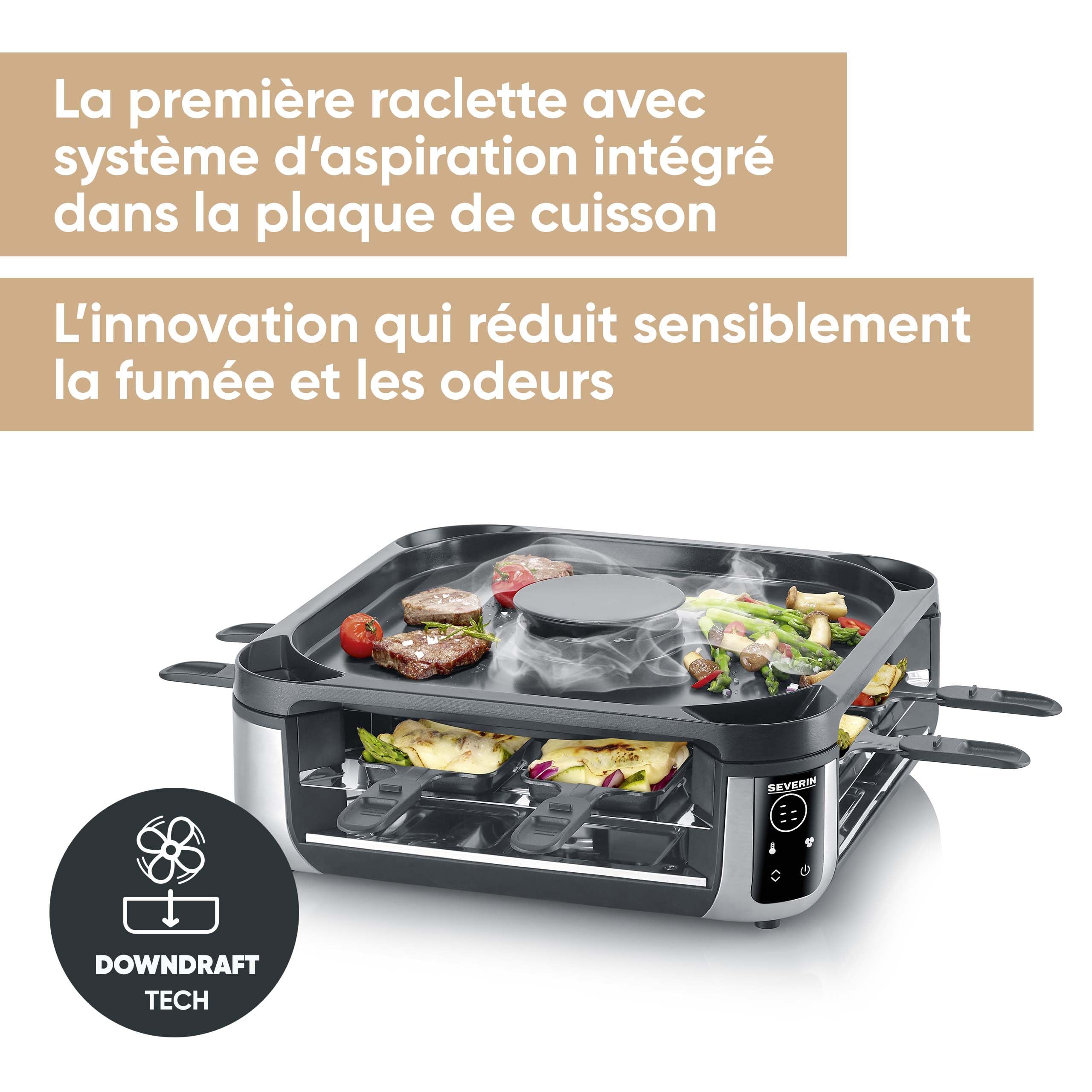 SEVERIN Appareil à raclette 8 personnes avec réduction de fumée et d'odeur, Raclette-Gril avec hotte intégrée, 1 900 W, Noir/Inox, RG 2350