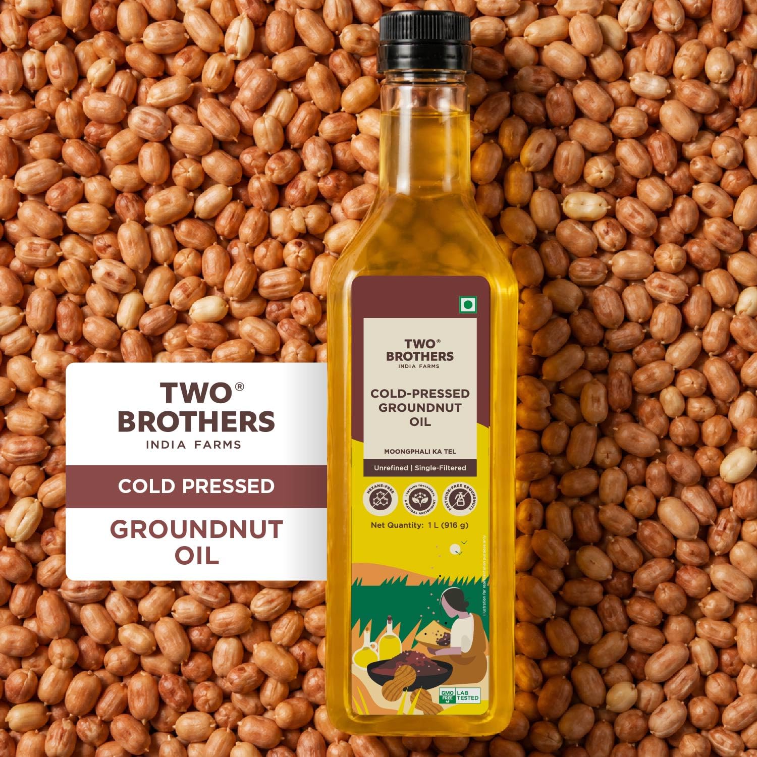 Two Brothers Organic Farms India's Only Certified Glyphosate Free Groundnut Oil 1L | Cold Pressed Kacchi Ghani | Unrefined, Single-Filtered | Natural Shengdana Oil for Cooking & Frying | Rich Nutty Aroma | Mungfali Tel. 2