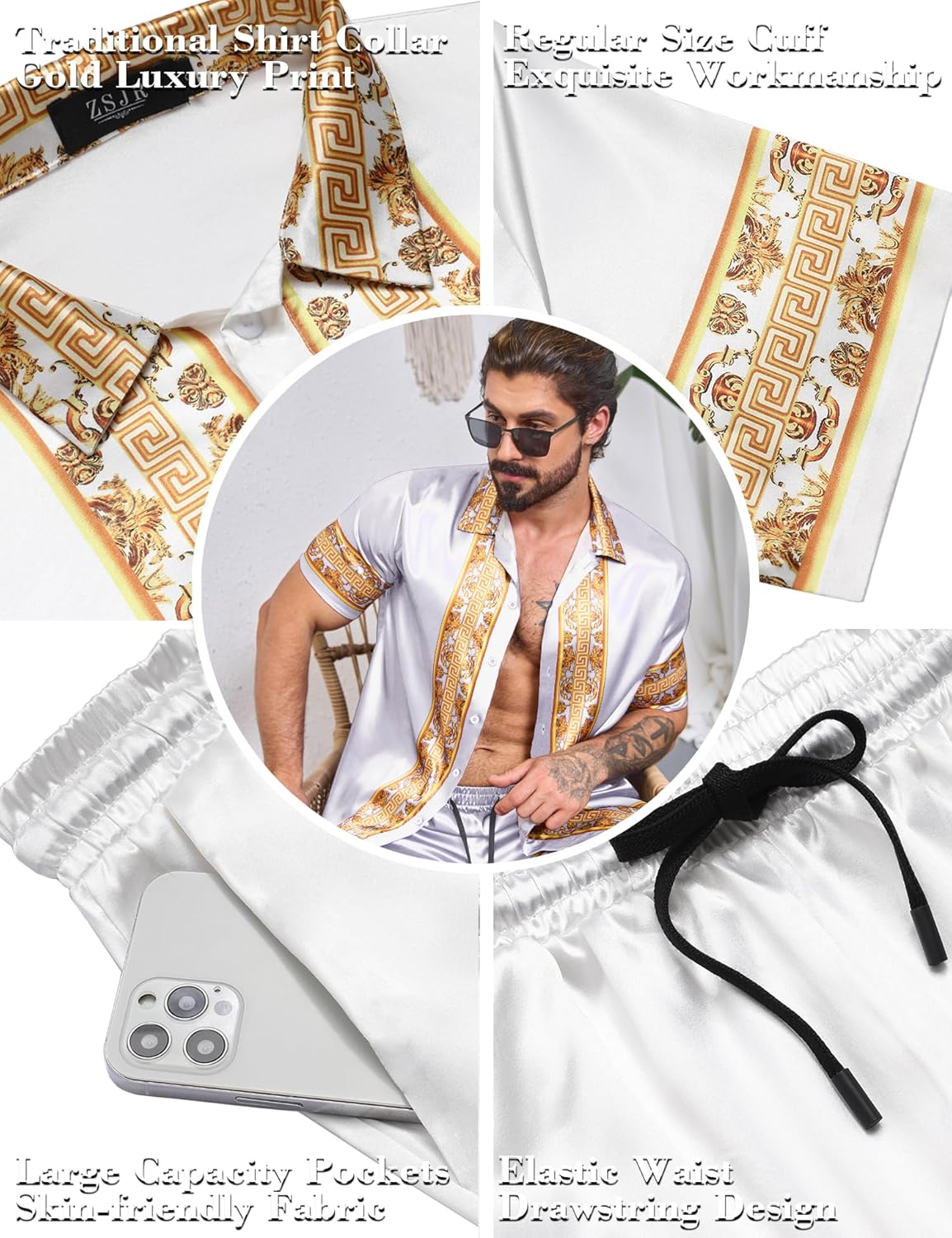 Men Hawaiian Shirt Sets Satin Silk Casual Button Down Shirts 2 Piece Luxury Summer Beach Outfits - Image 4