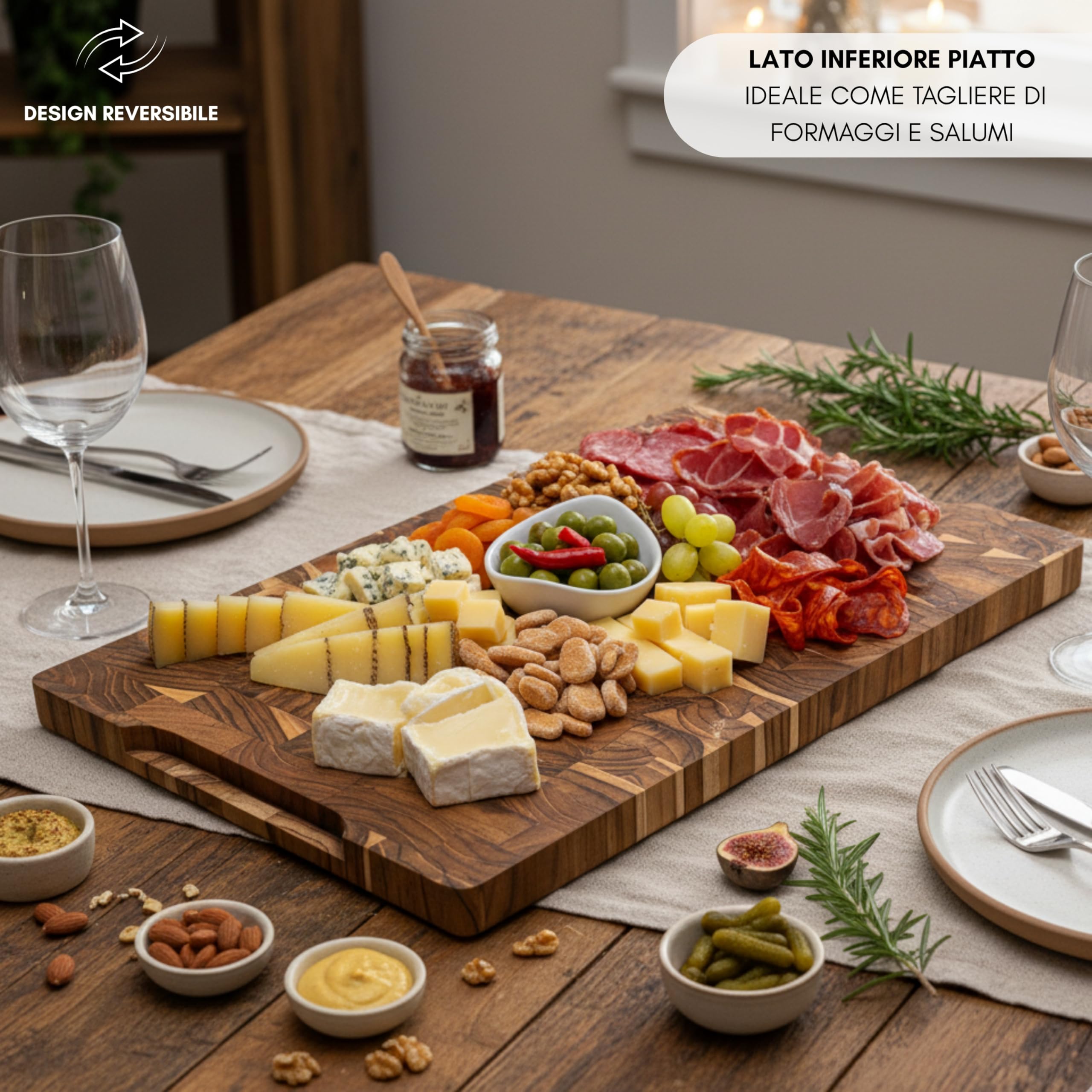 Erreke Tagliere in Legno di Teak Naturale End Grain, 44x30x3,8 cm, Grande | XL con Scanalatura Raccogli-Succhi. Reversibile e con Manici. Tagliere Legno Cucina. Per Formaggi Salumi Carne Pane
