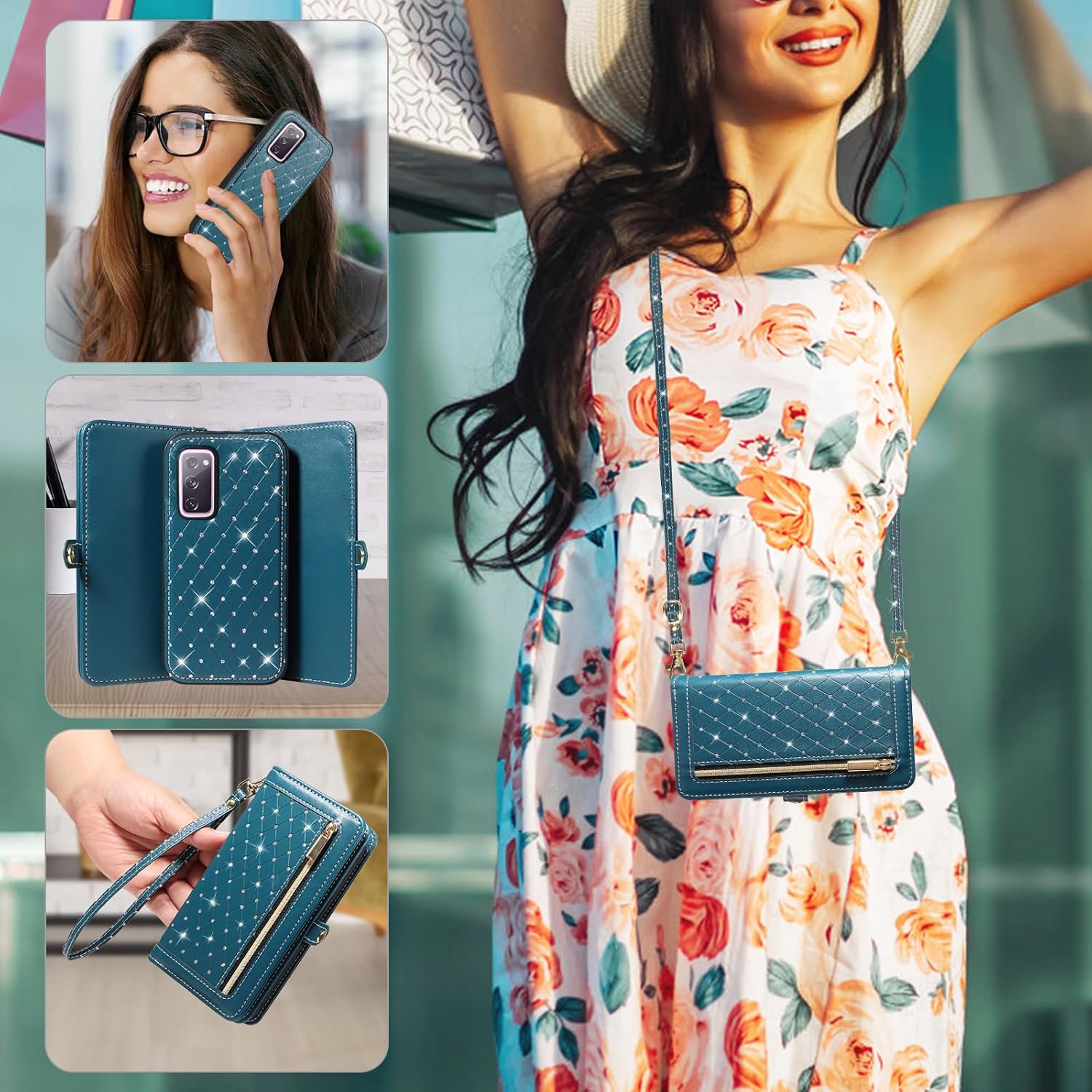 Phone Case for Samsung Galaxy S20 FE 5G 6.5 inch Zipper Wallet Cell Cover Screen Protector Crossbody Strap Bling Flip Credit Card Holder S 20 EF UW S20FE5G S20FE 20S S2O Fan Edition Women Dark Green