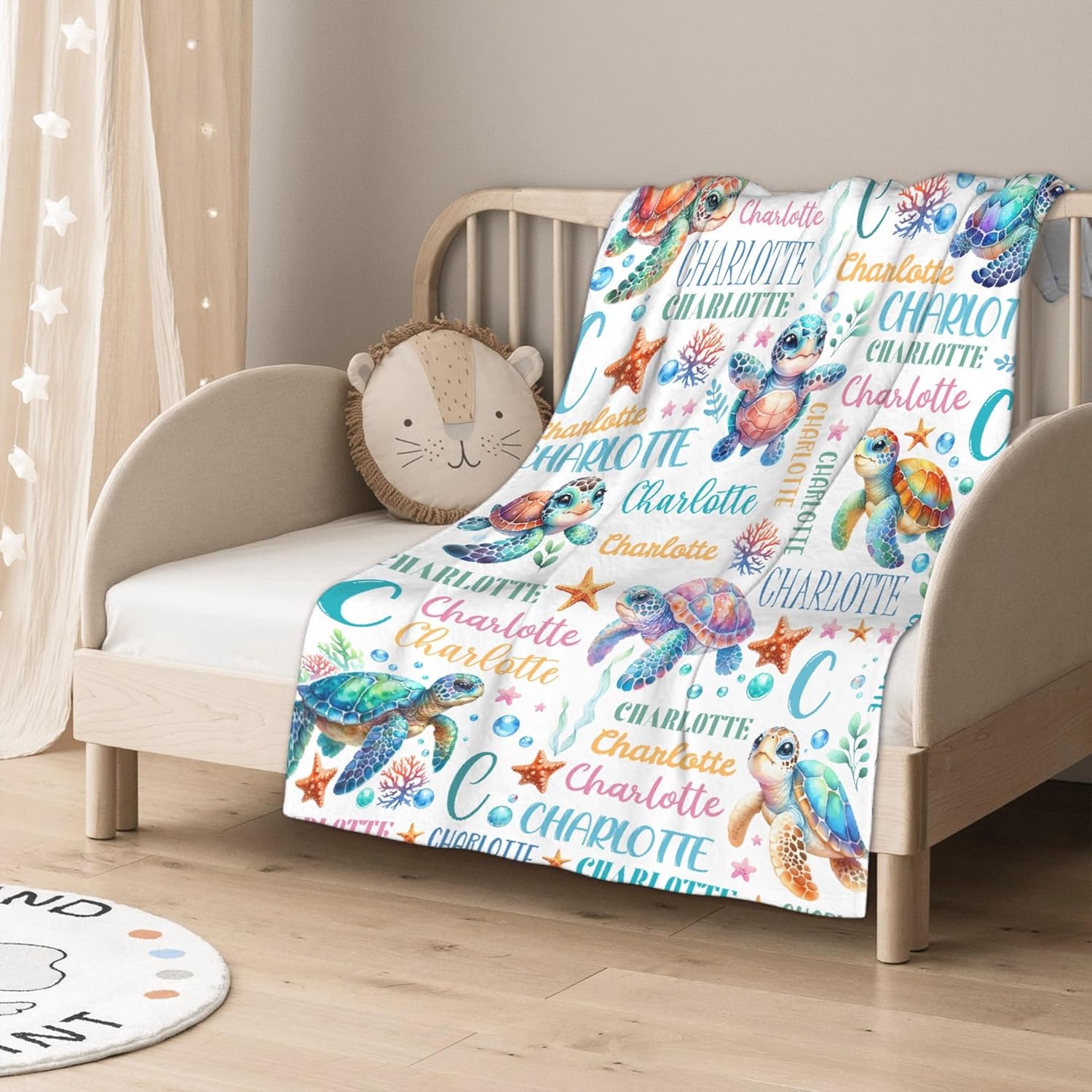 Personalized Baby Blanket for Girls Boys Kids Sea ​​Turtle Custom Baby Blanket with Name Throw Birthday Gift for Toddlers Infants Shower Newborns Nursery Stroller Crib Bed Decor