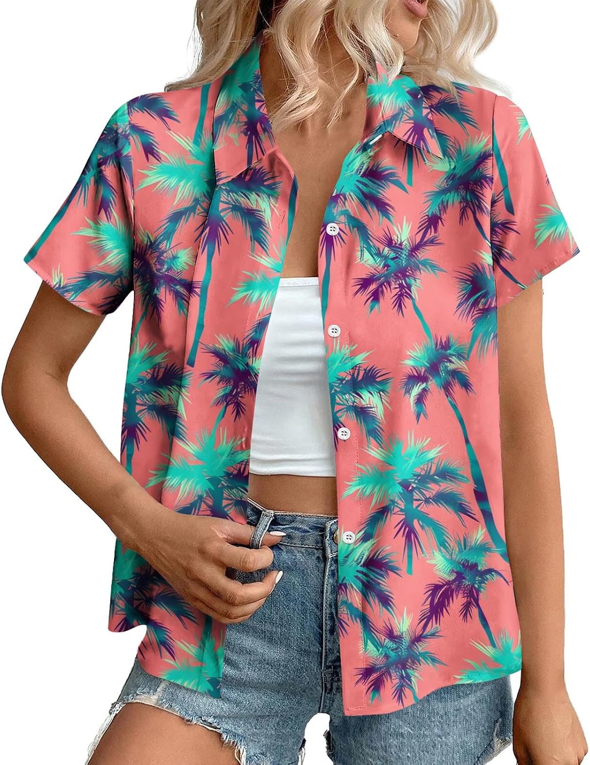 Summer Hawaii Shirts for Women Cool Floral Tropic Print V Neck Tops Button Up T-Shirt Trendy Beach Vacation Blouse