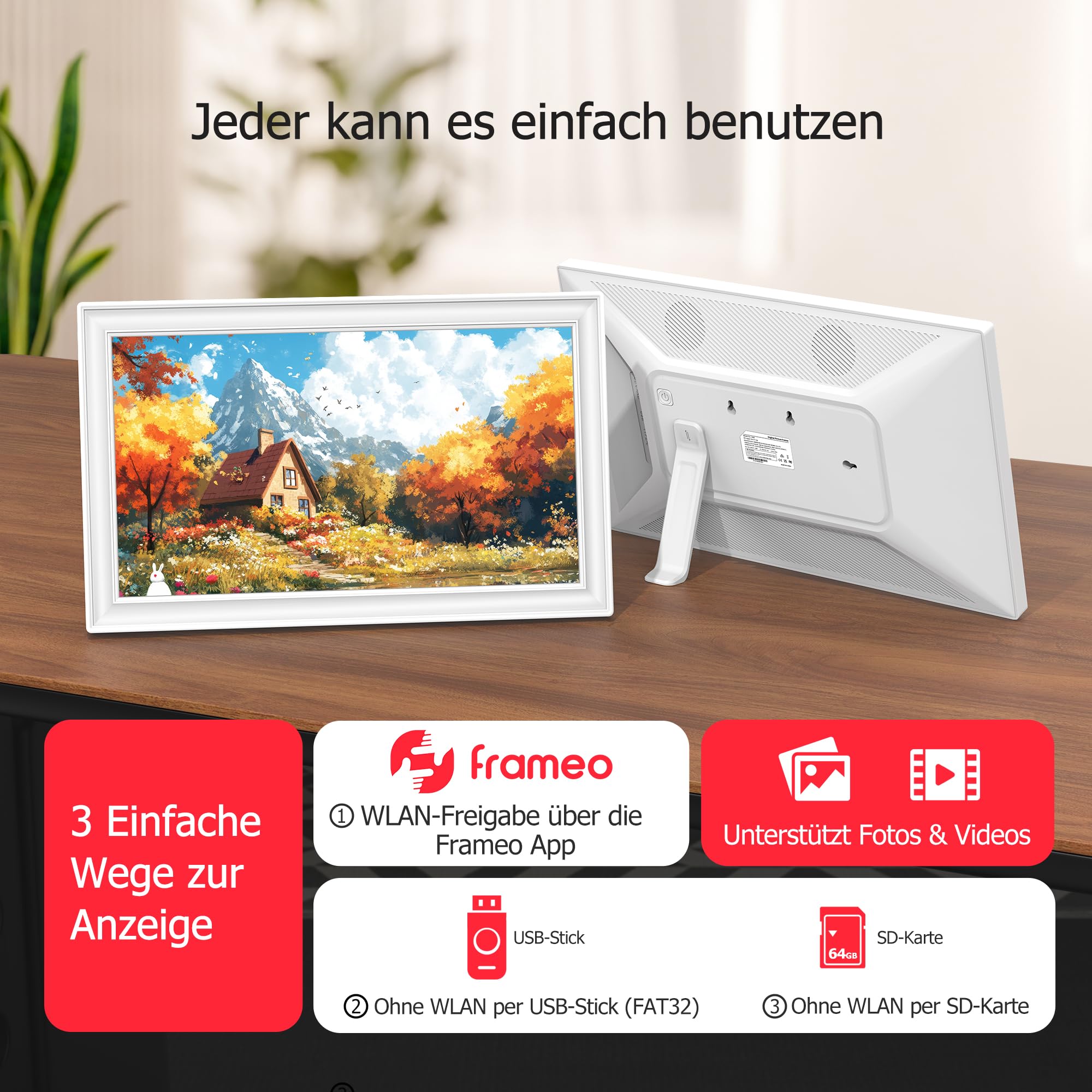 FRAMEO Marco de fotos digital de 64 GB de 15,6 pulgadas, color blanco - FHD 1920 x 1080P IPS pantalla táctil marco digital de rotación automática Marco de fotos electrónico, compartir fotos/vídeos al
