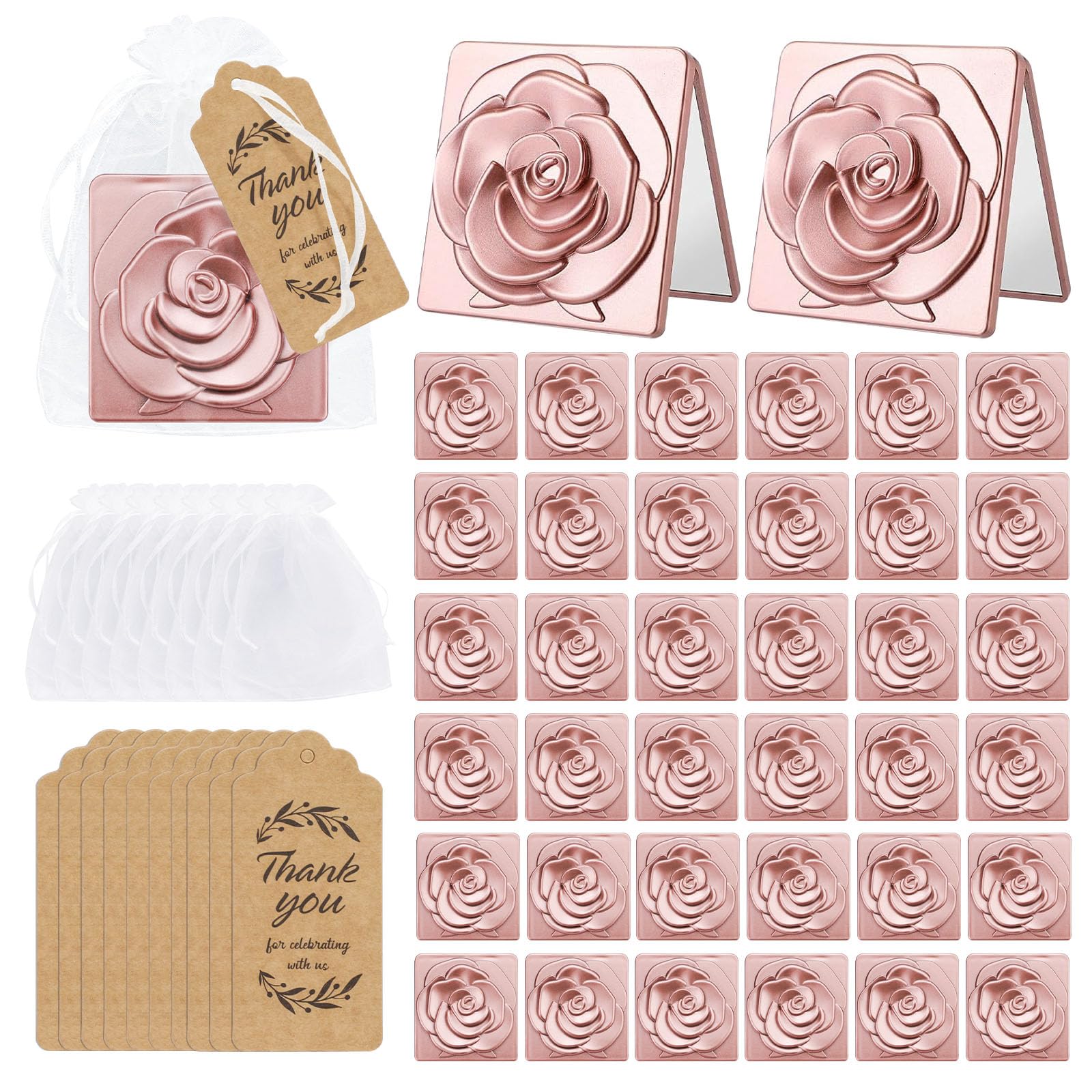 Haohai Women's Rose Gold,40 40 Sets Of Rose Compact Mirror Bulk, Bulk Compact Mirrors, Rose Wedding Party Favors For Guests, Rose Party Favors With Thank You Tag And Organza Bag, Presents For (Rose Gold,40)