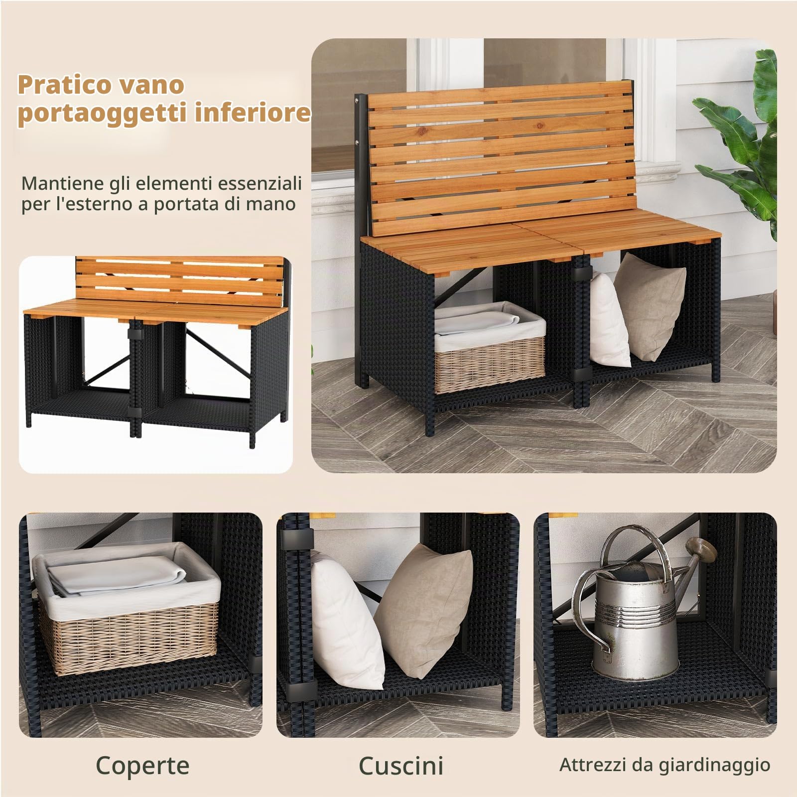LIFEZEAL Set Salotto da Giardino 2 in 1 Versatile (Nero+Naturale) | Tavolo, 2 Sedie Contenitore in Rattan e Legno di Acacia, Convertibili in Panchina, Portata 360 kg, per Terrazza, Balcone