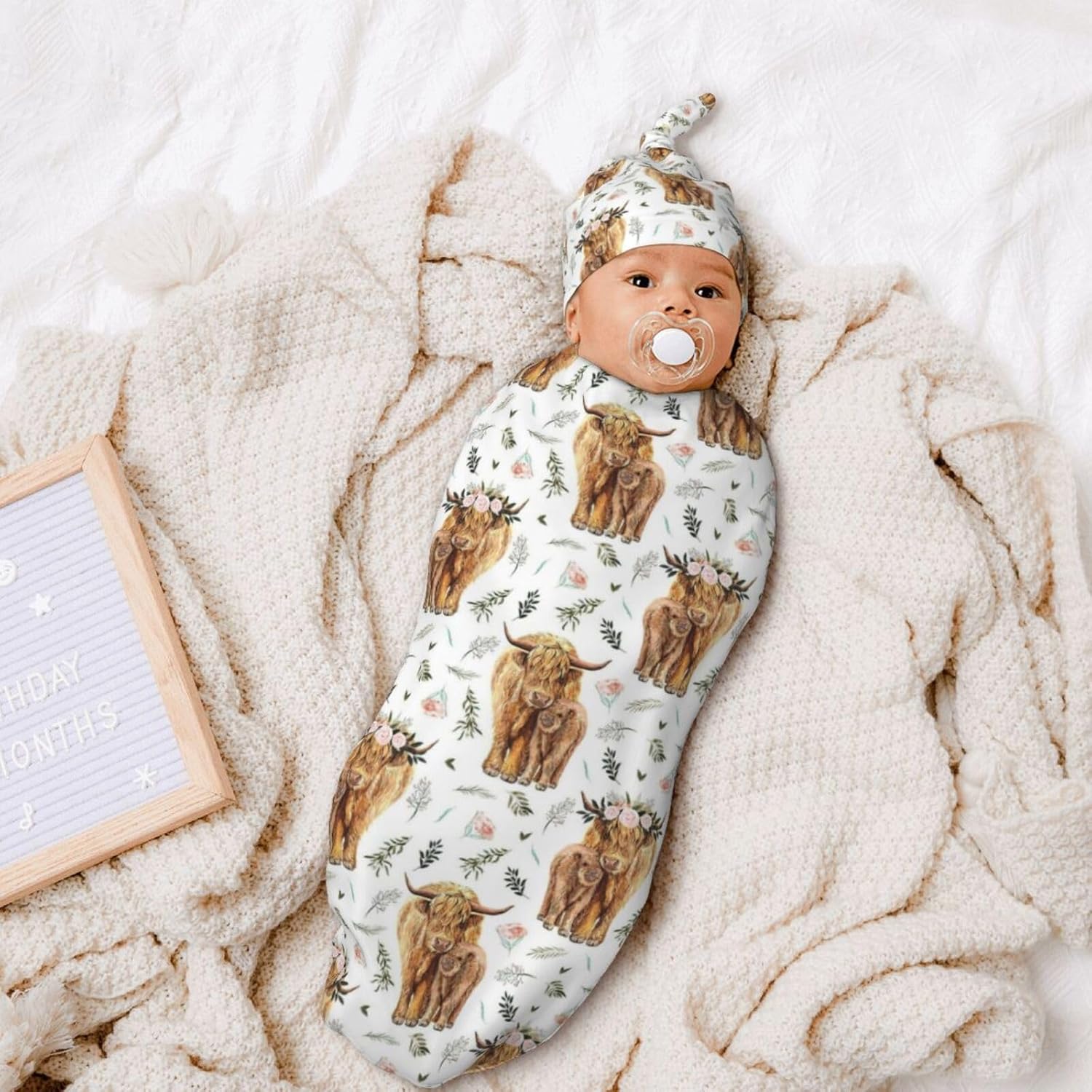Highland Cow Baby Stuff Newborn Swaddle Blanket Beanie Hat Set, Soft and Stretchy Highland Cow Baby Blanket Swaddle Sack for Boy and Girl Gift - Image 5