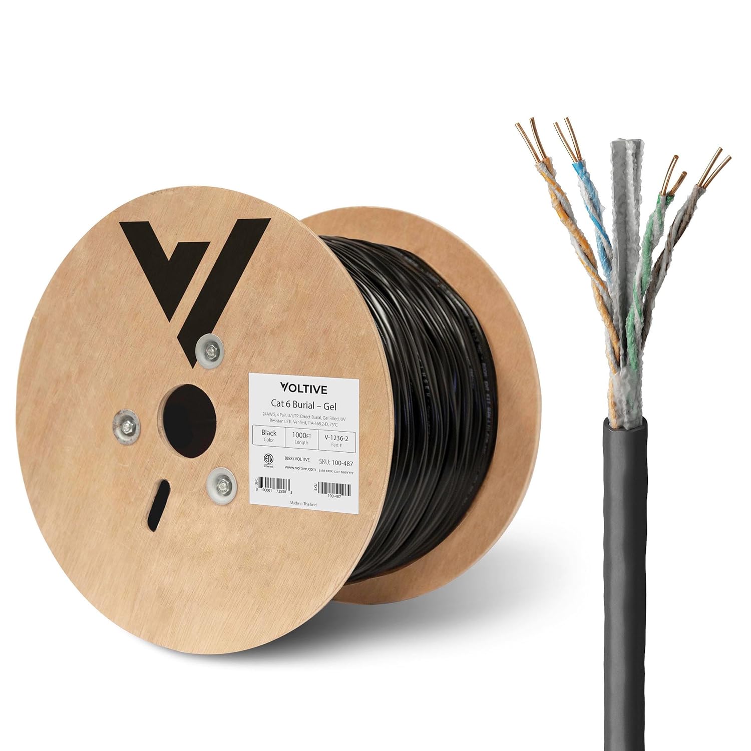 Voltive Cat6 Ethernet Cable, Direct Burial, Gel Filled, UV Resistant, Black, 1000ft - 24AWG 4 Pair Solid Bare Copper, UTP, 600MHz, ETL Verified - V-1236-2