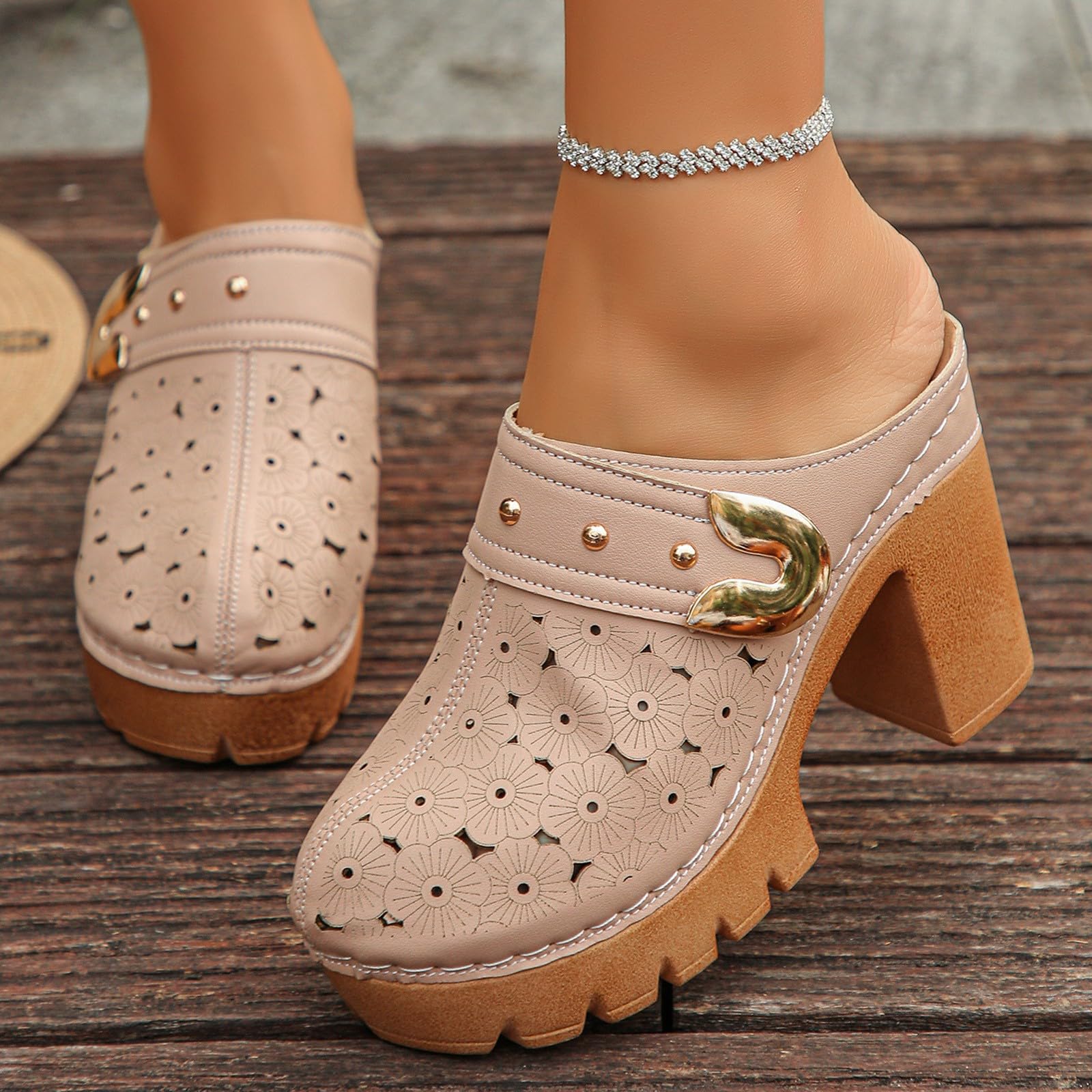 Sabots en bois et cuir pour femme avec talon - Sandales compensées antidérapantes - Chaussures orthopédiques fermées - Sabots de jardin - Respirants - Chaussures d'été pour les loisirs
