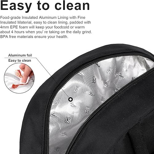 Miniatura 4 de BALORAY - Lonchera para mujeres y hombres, con aislamiento, para adultos, reutilizable, para el trabajo, picnic, escuela o viajes (negro liso)