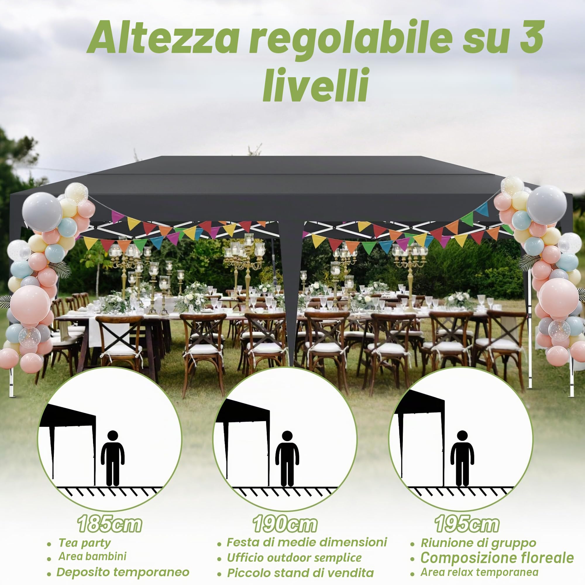 Aufun Gazebo pieghevole, 3 x 6 m, impermeabile, stabile, protezione UV con 6 pareti laterali, altezza regolabile, pop-up, tenda da giardino, gazebo da campeggio, per feste, festival, matrimoni, colore