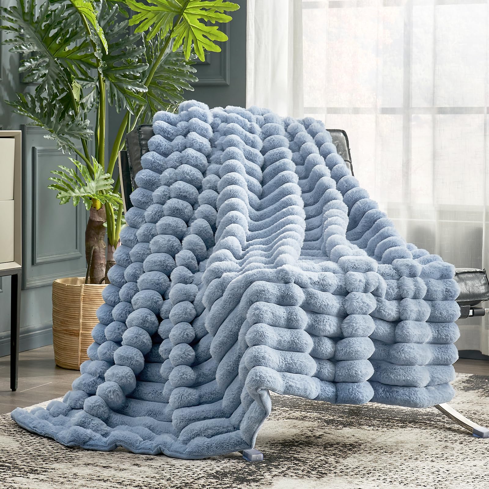 Cozy Bliss Faux Fur Throw Blanket for Couch, Cozy Warm Plush Striped Blanket for Sofa Bedroom Living Room, 50 * 60 Inches Light Blue