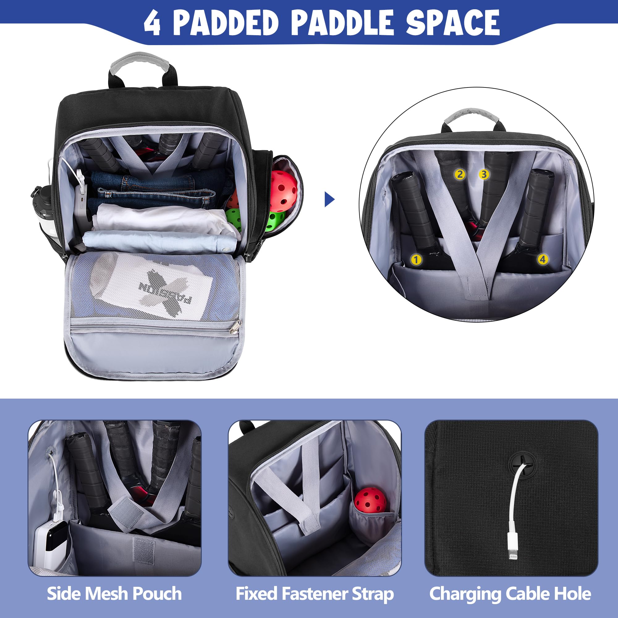 GOBUROS Sac de Pickleball Pour 4 Raquettes Avec Compartiment à Chaussures, Sac à DOS de Pickleball Avec Crochet de Clôture Pour Accessoires de Pickleball
