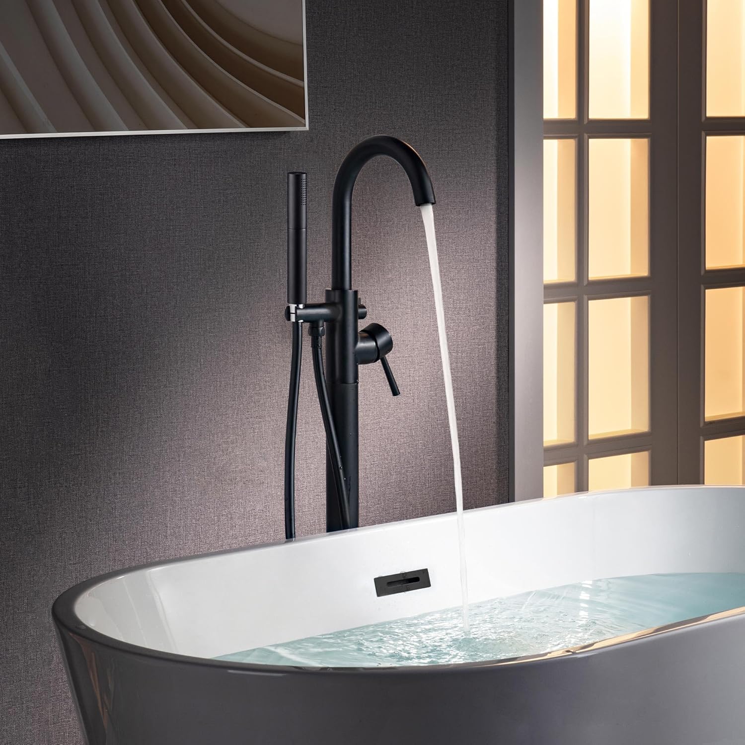 WOODBRIDGE Contemporary Single Handle Floor Mount Freestanding Tub Filler Faucet with 2 Function Cylinder Style Hand Shower in Matte Black Finish,F0025DRMB