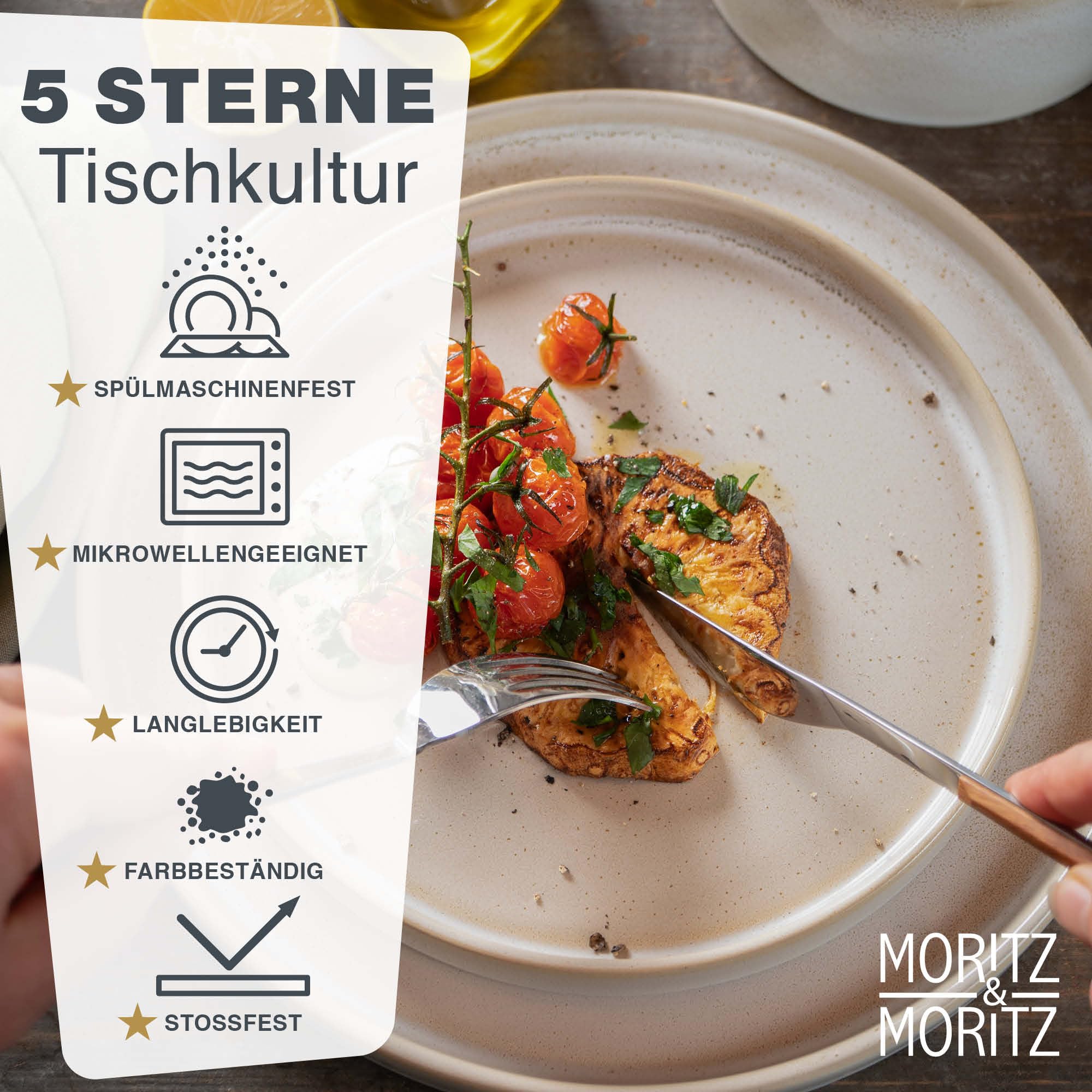 Moritz & Moritz CASTELLO 40-teiliges Geschirrset 8 Personen Beige - Teller Set aus Steinzeug - Geschirr Set Beige aus je 8 Dinnerteller, Dessertteller, Suppenteller, Schüsseln und Tassen