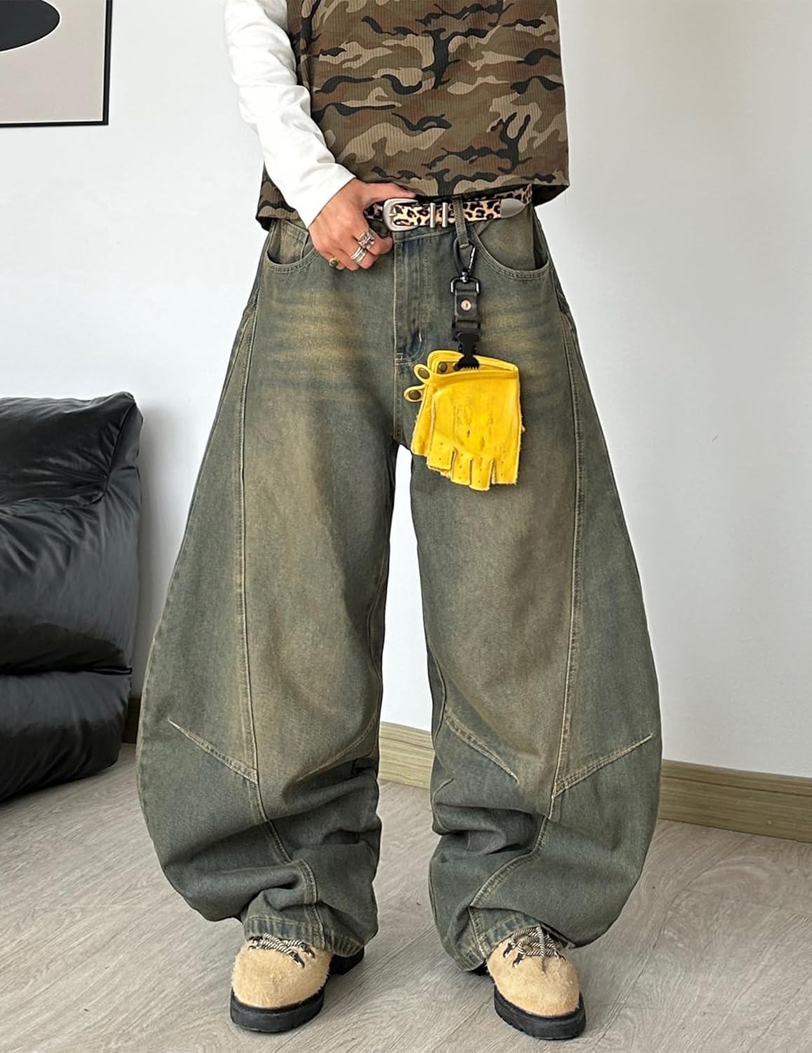 Mens Baggy Jeans Mid Waist Washed Denim Pants Irregular Sutures Trousers Wide Leg Jeans with Pockets - Image 4