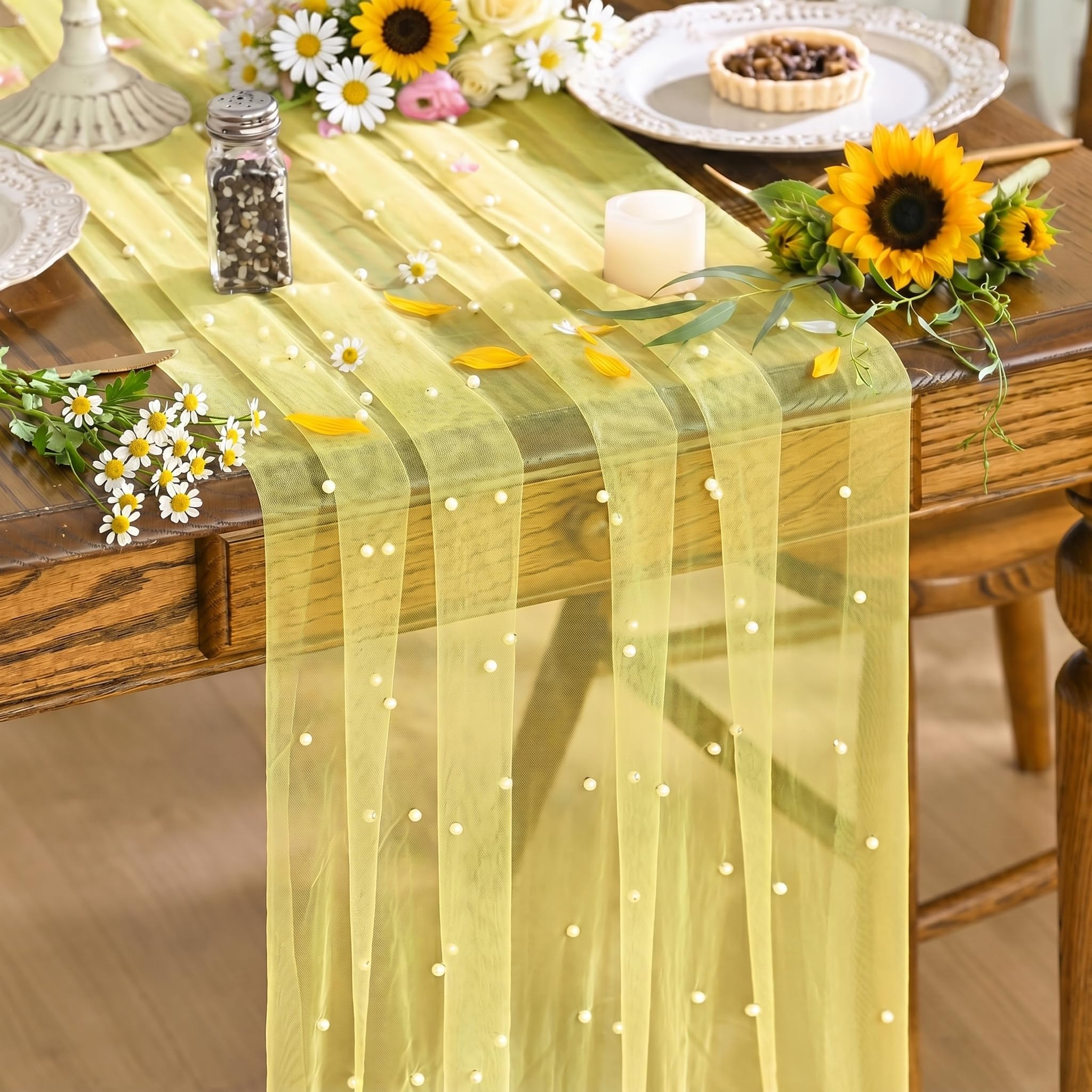 Artoid Mode Light Yellow Gauze Pearl Summer Table Runner 70 x 300 cm