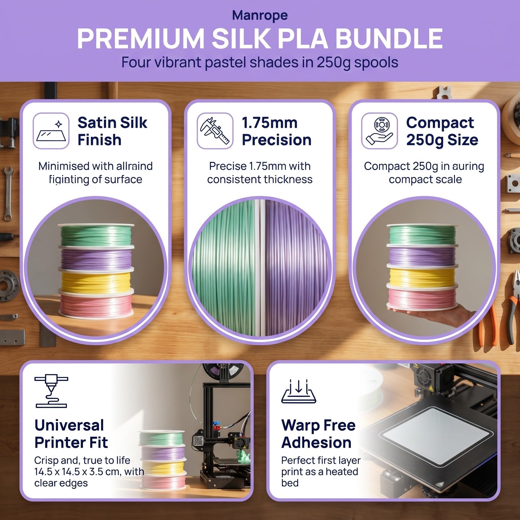 Filamento Pla Surtido 1,75mm, 4 Bobinas para Impresora 3d