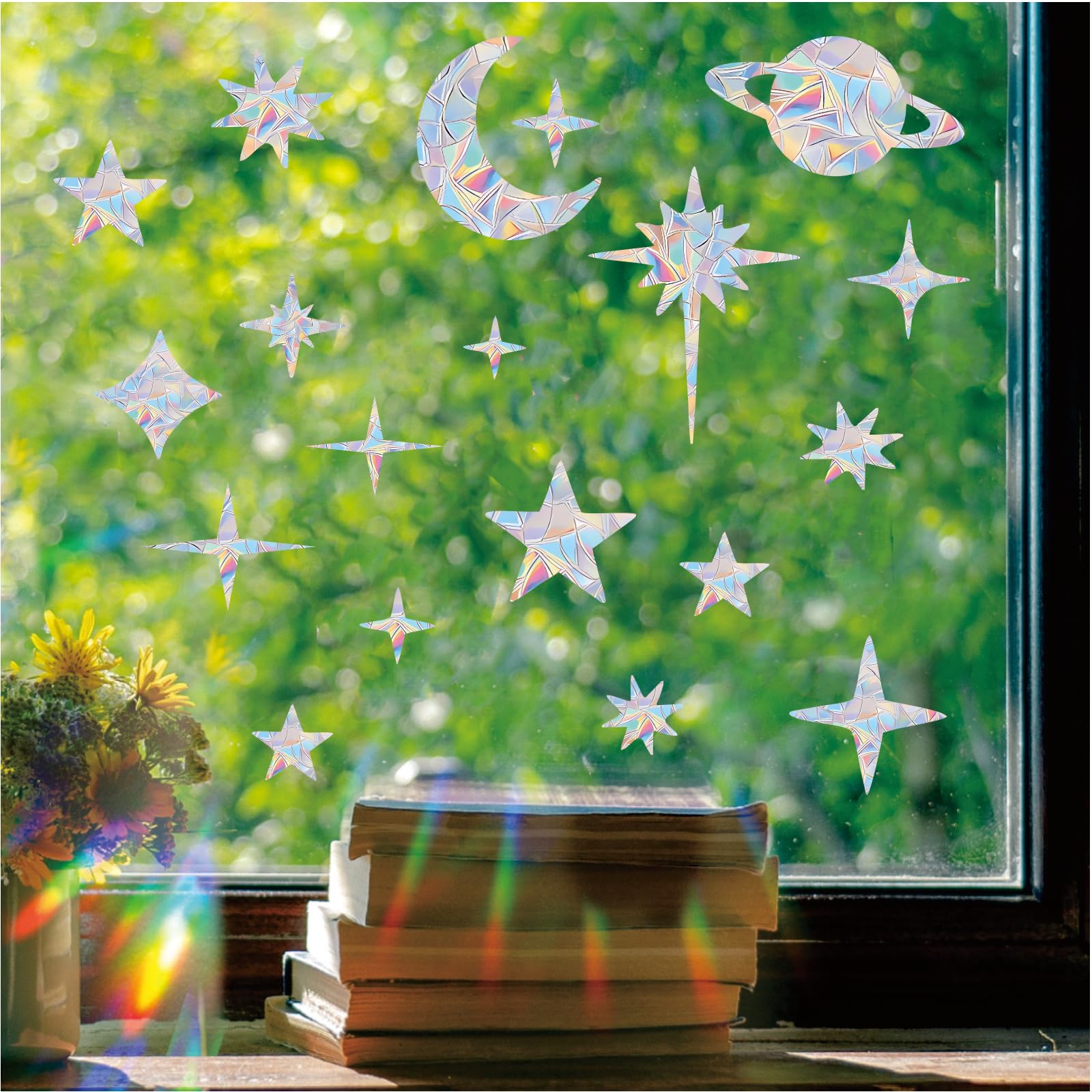 Shawula 75PCS Starry Sky Window Clings Anti Collision Window Decals to Save Birds from Collisions Non Adhesive Prismatic Vinyl Rainbow Stickers