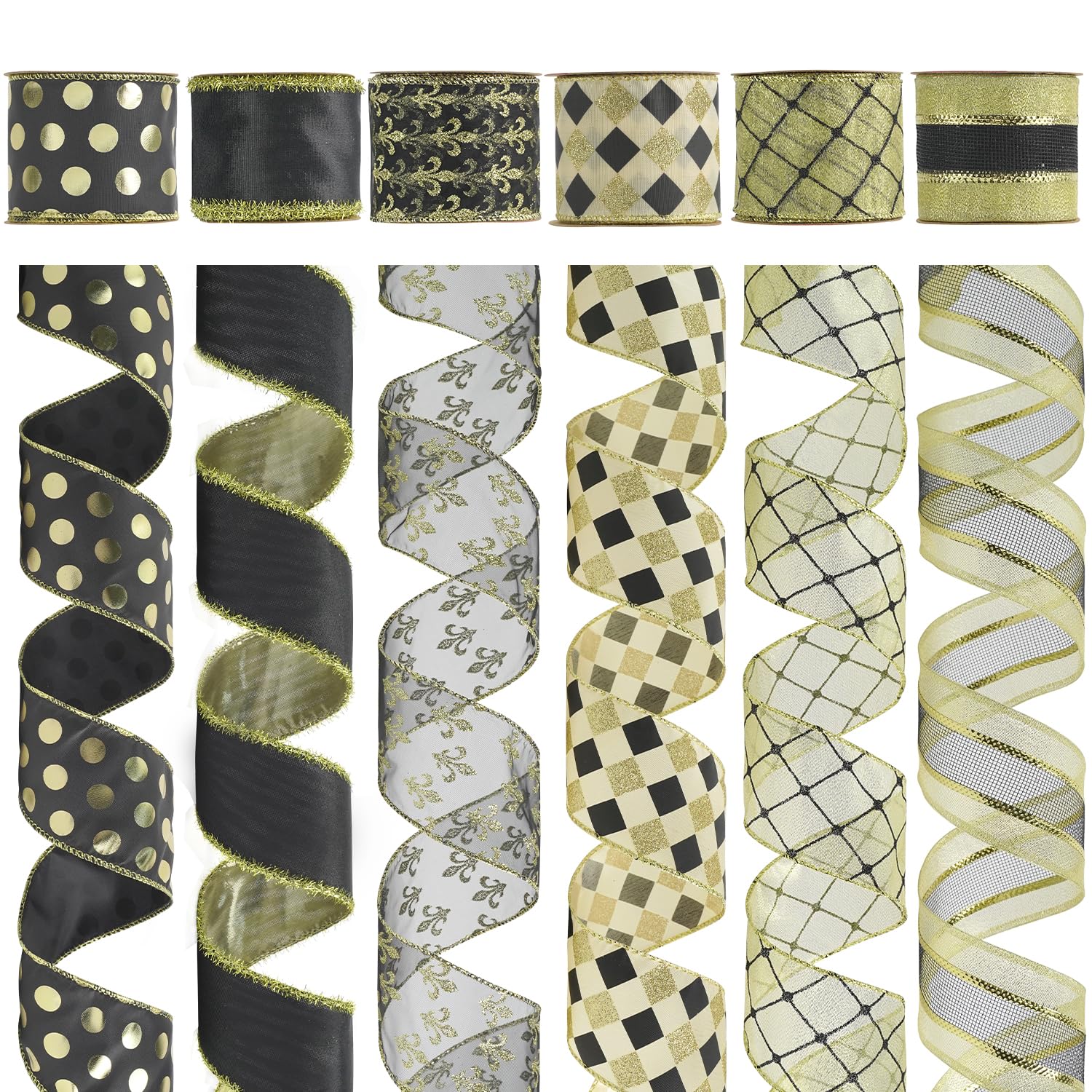 HUIHUANG Black Wired Ribbon for Christmas Tree Black and Gold Christmas Ribbons for Tree Decorations, Bows, Wreaths, Garland, Gift Wrapping, Crafts,