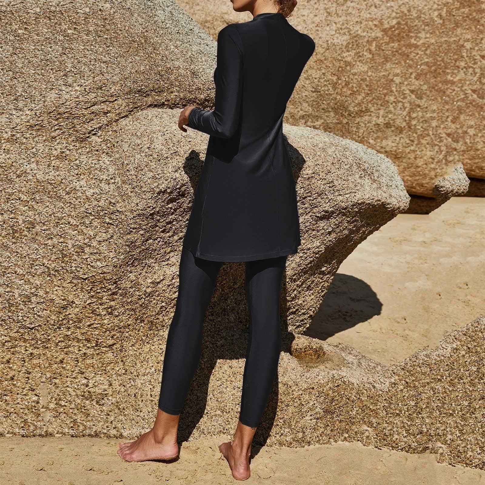 Conjunto de Burkini Musulmán para Mujer Traje Baño Manga Larga con Detalles Plisados Verano Playa Bikini Super Push Up Sexy Vestir Dos Piezas BañAdores Natacion