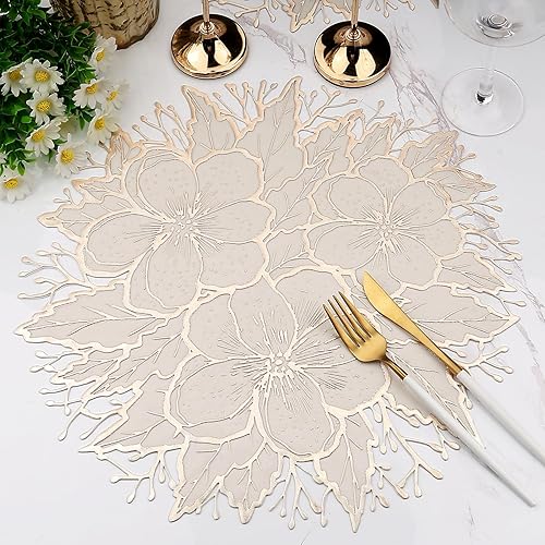 Miniatura 4 de Juego de 6 manteles individuales dorados y blancos, manteles individuales redondos de vinilo prensados con ciruelas y flores, lavables para mesa de