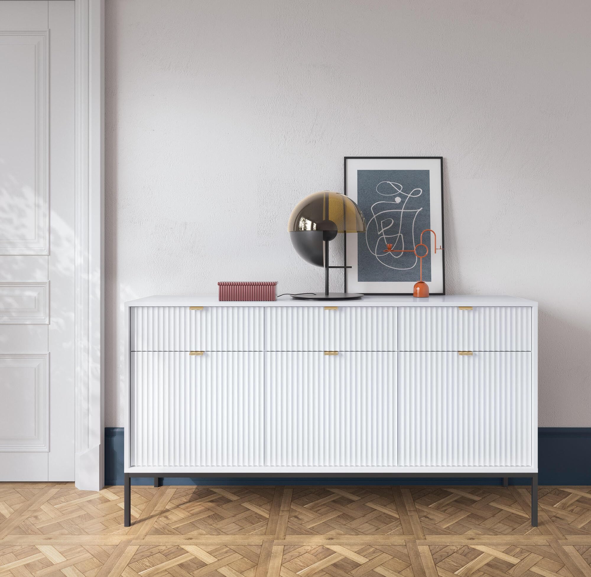 Sideboard, Retro-Stil, Weiß, 154 x 39 x 83 cm, 51 kg, 3 Türen mit Schubladen, Engineered Holz und Stahl