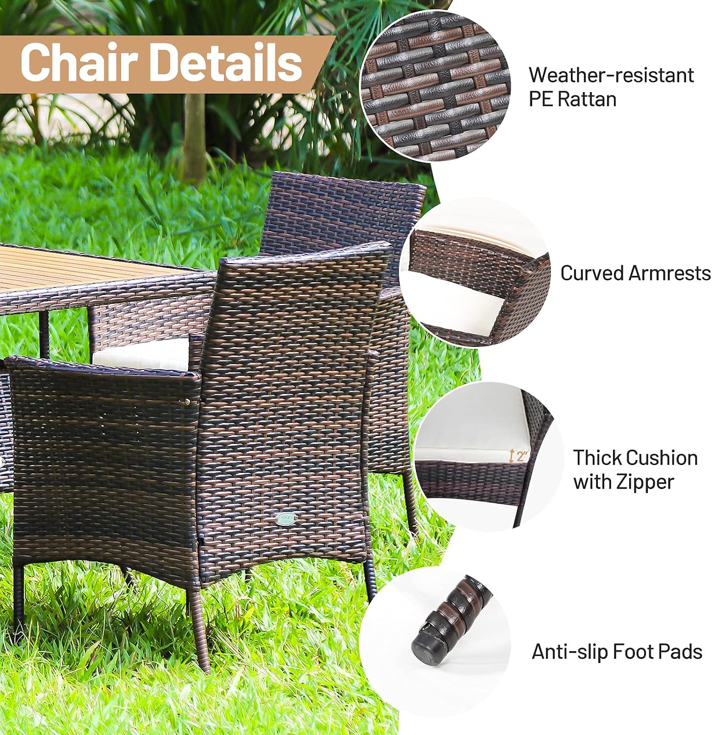 DORTALA Patio Dining Furniture Set for 4, 5 Piece All-Weather PE Rattan & Acacia Wood Outdoor Table and Chairs with Umbrella Hole, Cushions for Backyard Poolside