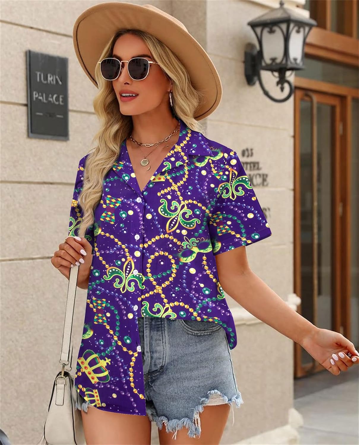 ALLTB Mardi Gras Outfit for Women Hawaii Shirts Carnival Themed Mask Tee Party Holiday T-Shirt Short Sleeve Button Down Top - Image 3