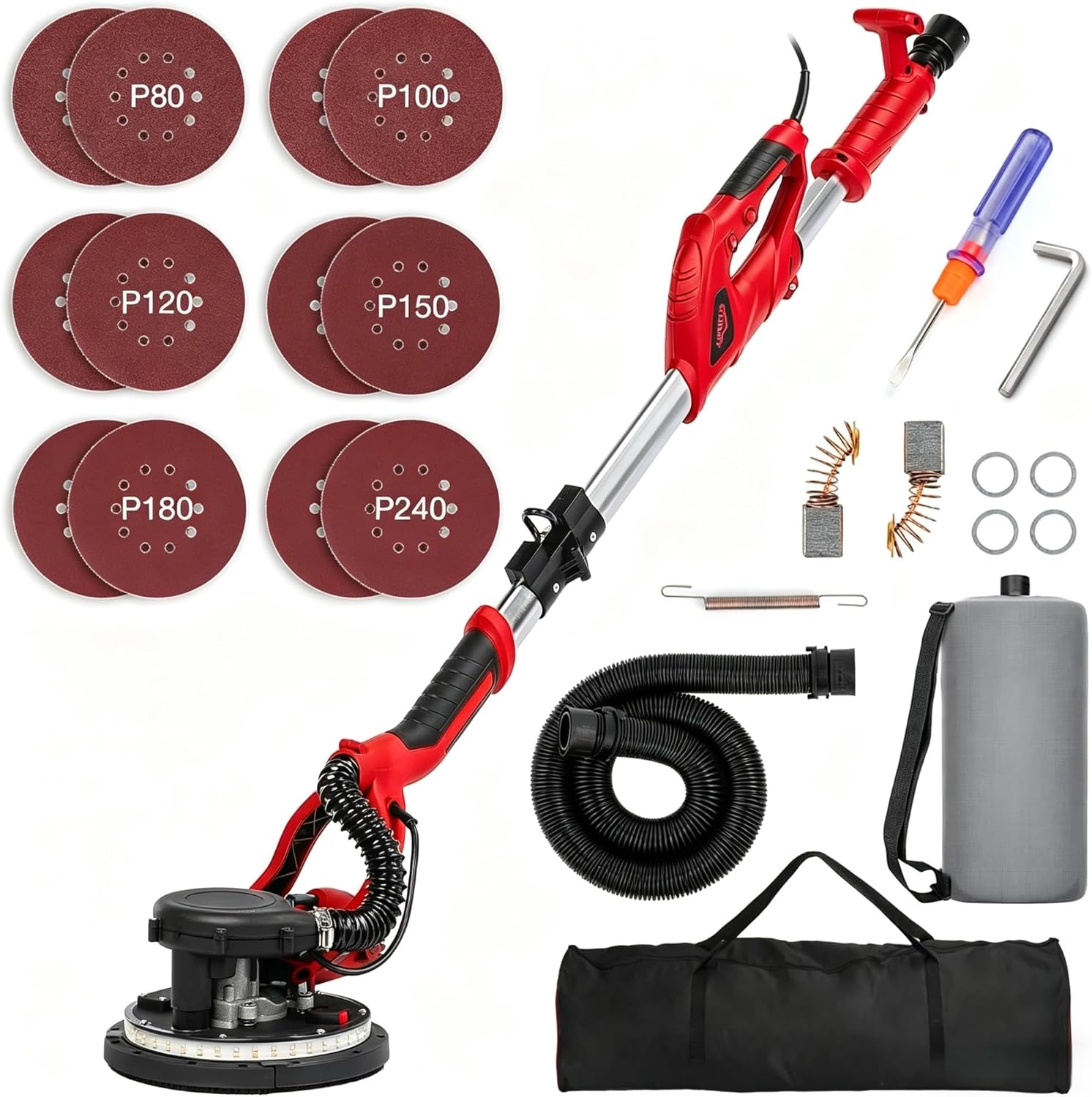Drywall Sander, 850W Electric Sander with 12 Pcs Sanding Discs, 6 Variable Speed 800-1750 RPM Wall Sander with Extendable Handle, LED Light, Long Dust Hose, Storage Bag