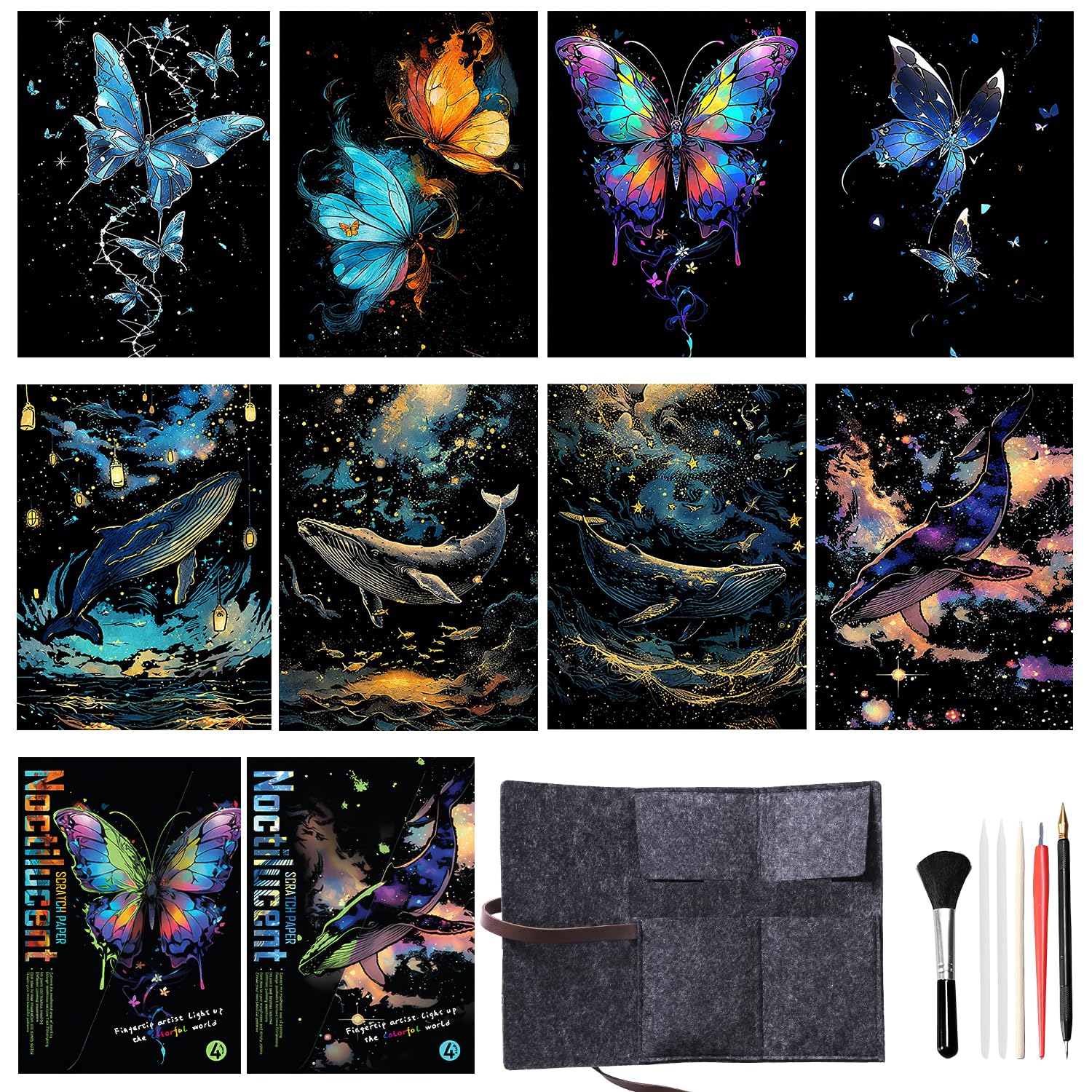 Rainbow Scratch Art Notes Kit, 8-Pack Luminous Scratch Cards with 2 Designs Butterfly and Whale, Includes Scratch Tools, Art Craft Supplies for Kids and Adults