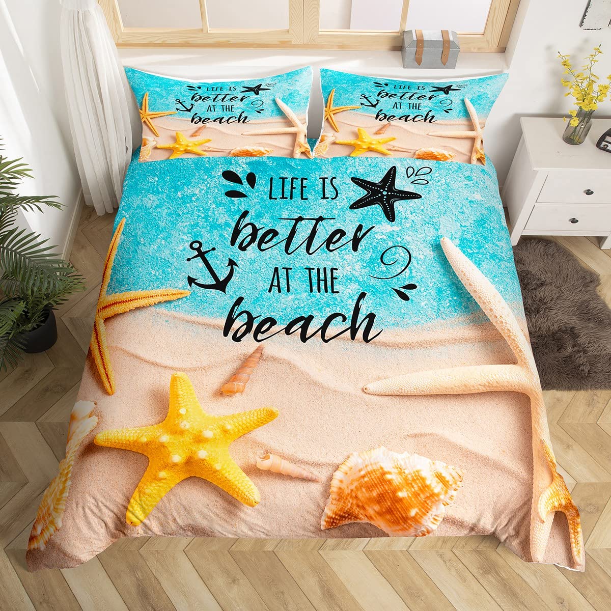 richhome Summer Beach Kids Duvet Cover Set Double Size,Cute Starfish Shell Conch Ocean Bedding Set,Teens Adults Room Decor,Lake Life Cottage Comforter Cover,Colorful Rustic Quilt Cover,2 Pillowcases — image 1