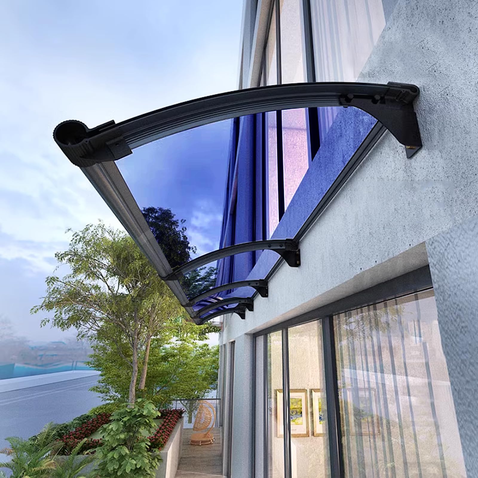 Curved Roofing Canopies,Blue Front Door Canopy Window Garden Canopy Patio Porch Awning,Large Sink Design Rain Shelter Cover,with Polycarbonate and Aluminium Frame (100x300cm/39"x118")
