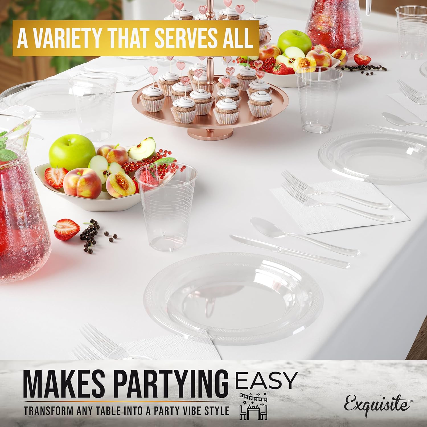 350 Pcs Clear Plastic Plates For Party, Clear Disposable Plates Set, 50 Of Each 9" Dinner Plate Set, 7" Dessert Plate, Cups, Napkins & Cutlery Plastic Dinnerware Set Exquisite