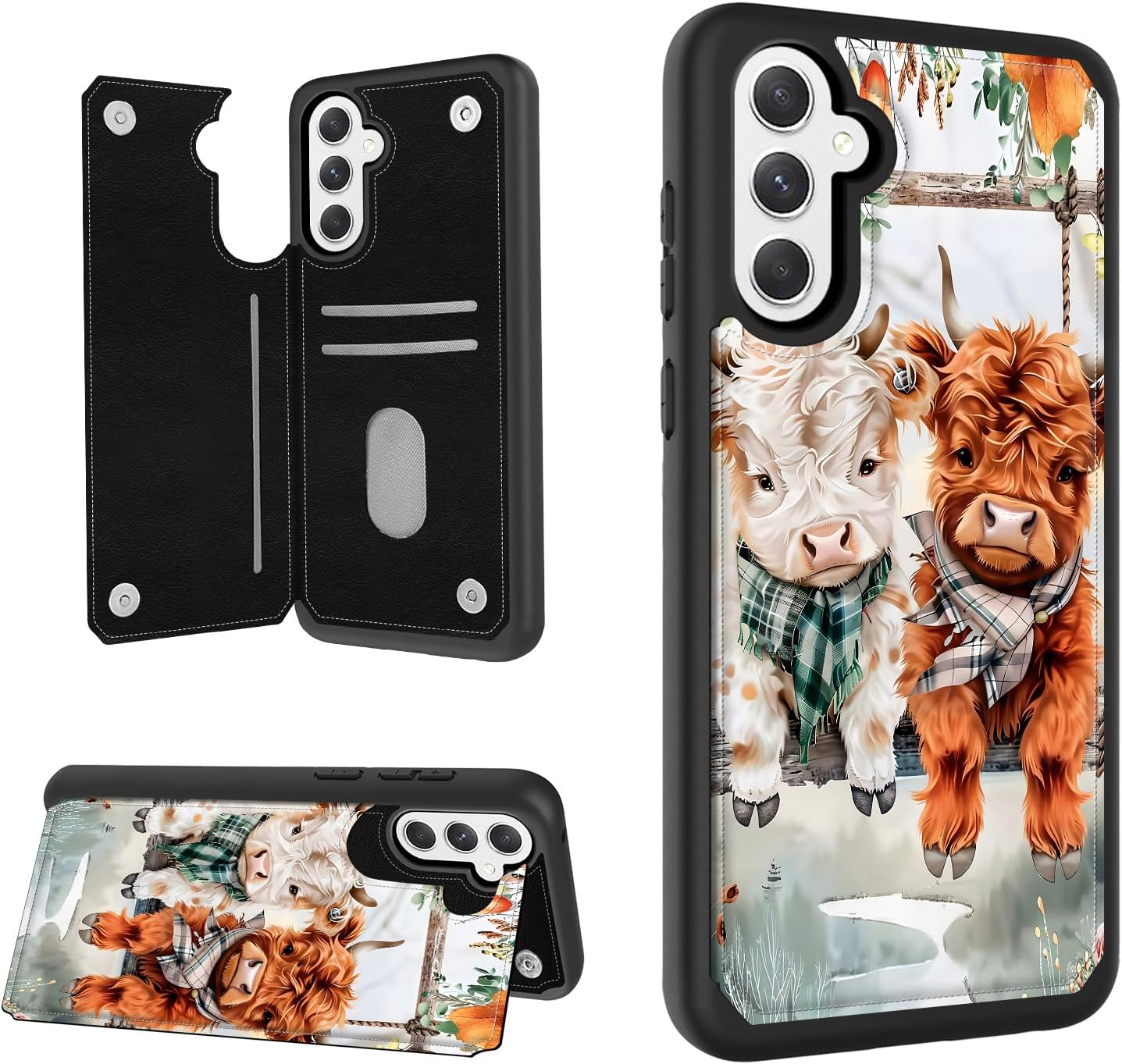 for Samsung Galaxy S25 Phone Wallet with Card Holder, Flip PU Leather Shockproof Phone Case for Galaxy S25, Kickstand Card Slots, Magnetic Dual Clasp RFID Blocking, Cute Highland Cow