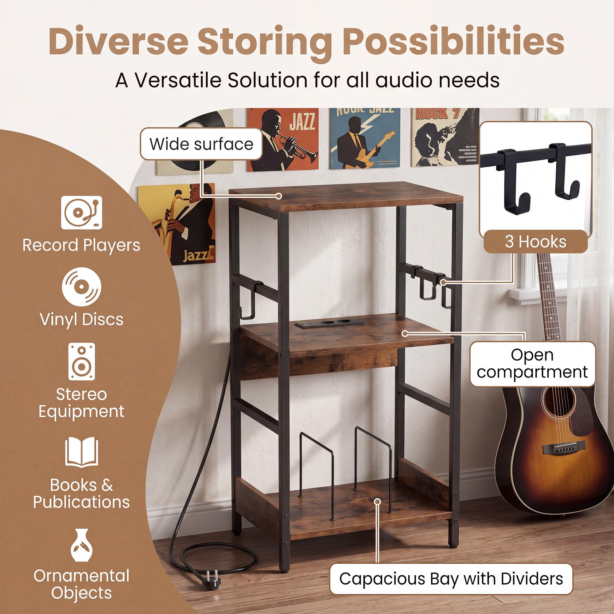 GIANTEX Mobile per Giradischi, Supporto per Vinile con Stazione di Ricarica, Ampio Piano, Ripiano Porta Vinili e 3 Ganci, Mobile Porta Giradischi per Soggiorno e Studio, 40 x 30 x 78 cm