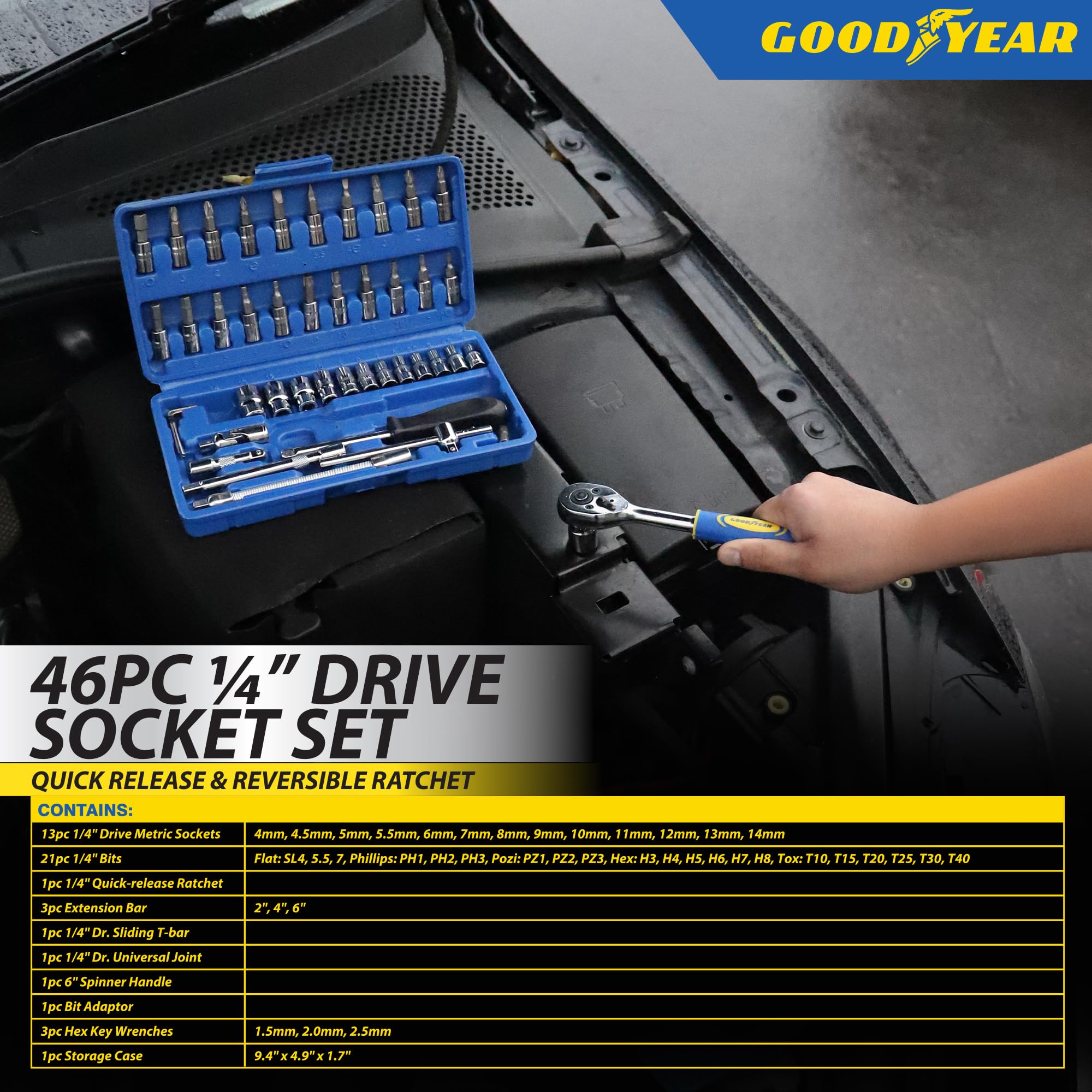 Goodyear Juego de 46 llaves de vaso de 1/4 pulgadas – trinquete de liberación rápida, función reversible, mango giratorio, barras de extensión, adaptador y junta universal – enchufes de pared