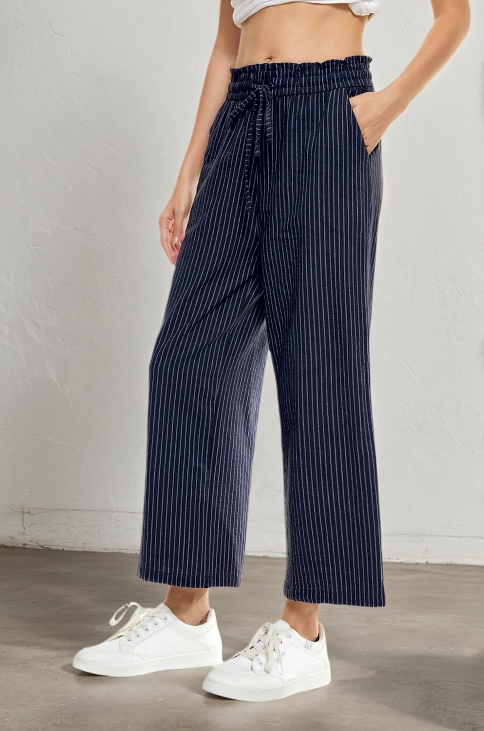 LNX Womens Linen Capri Pants Wide Leg High Waisted Drawstring Casual Cropped Pants with Pockets - Image 3