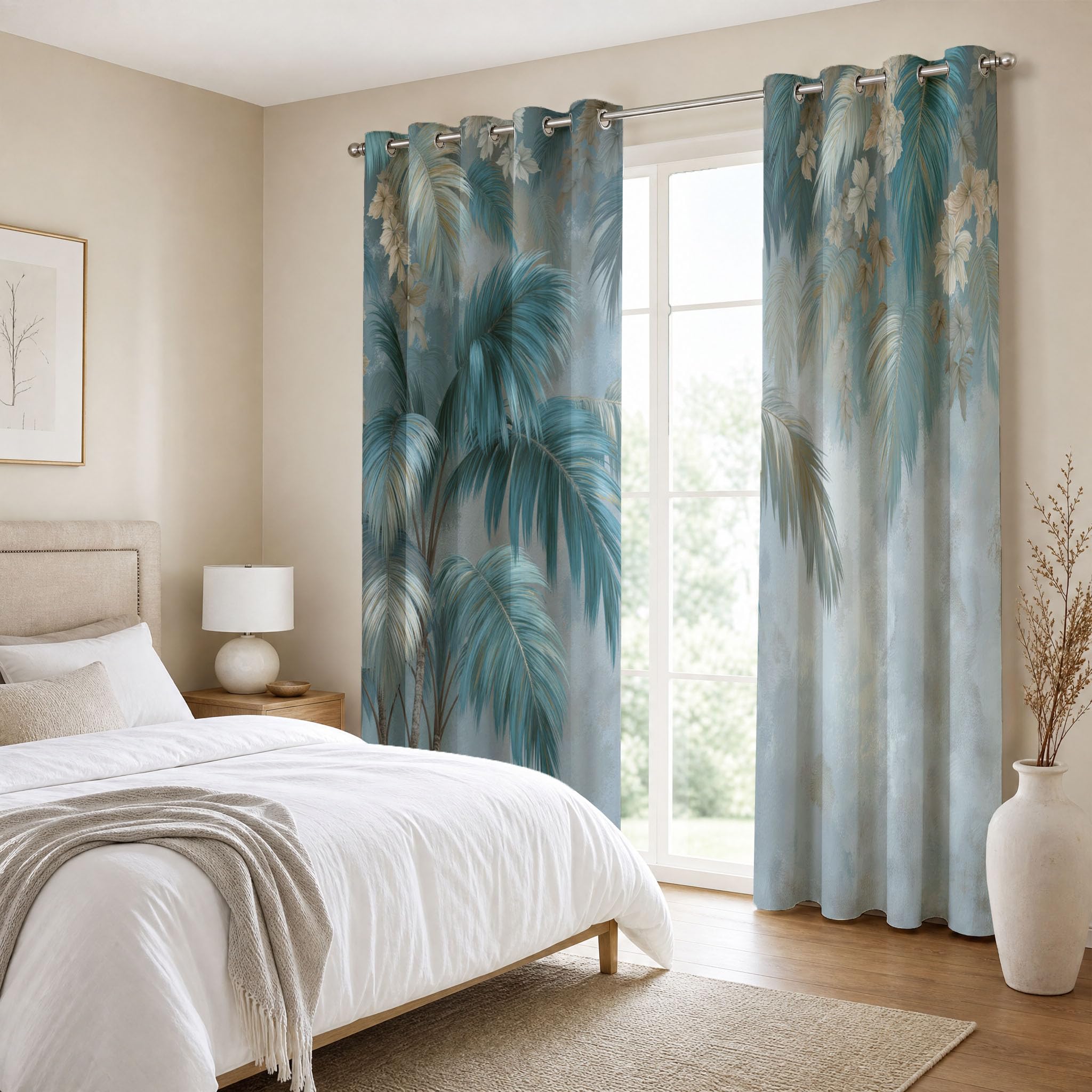 Hojas Tropicales Cortinas Opacas De Hojas Palma Pequeñas Flores Blancas Salon Dormitorio Decoración De La Ventana, 2 Piezas Cortinas Ollaos Azul Hielo, Aislantes Frio Y Calo 140An X 175Al Cm