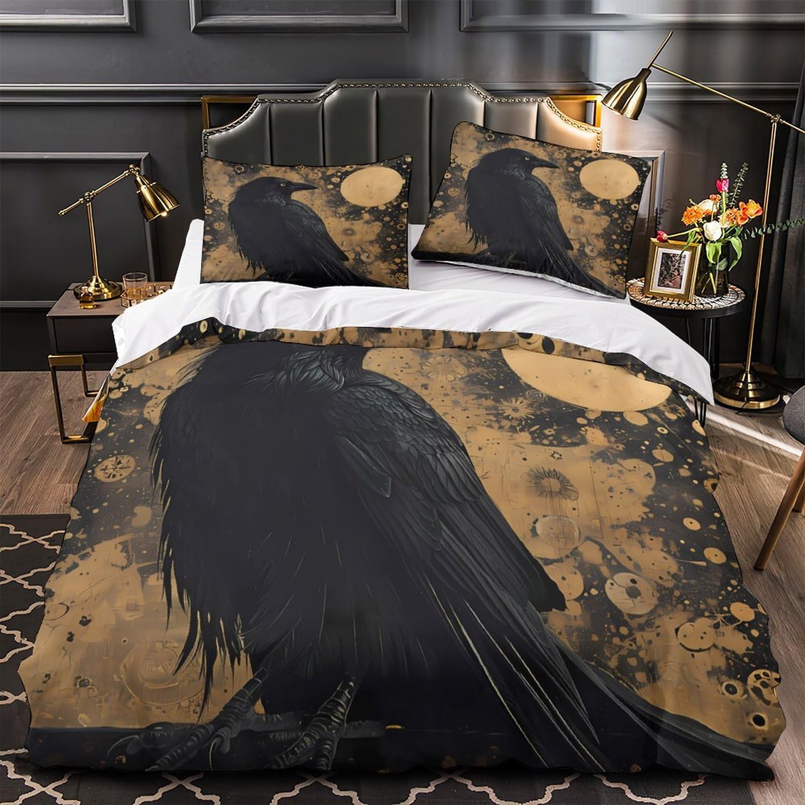 Housse de couette corbeau noir 135x200 parure lit 3D microfibre avec taies d'oreiller