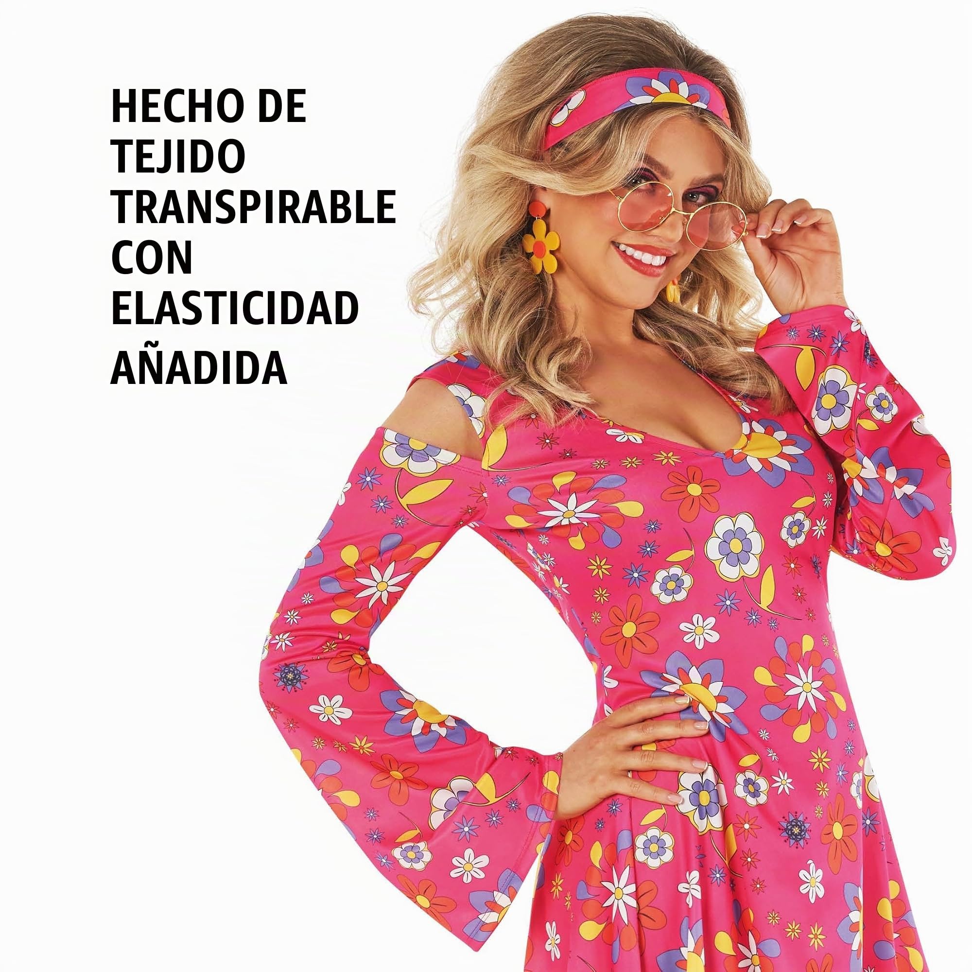 Morph Disfraz Hippie Mujer Adulto Vestido Floral Estampado Estilo Setenta Cinta Pelo Fiesta Carnaval Halloween