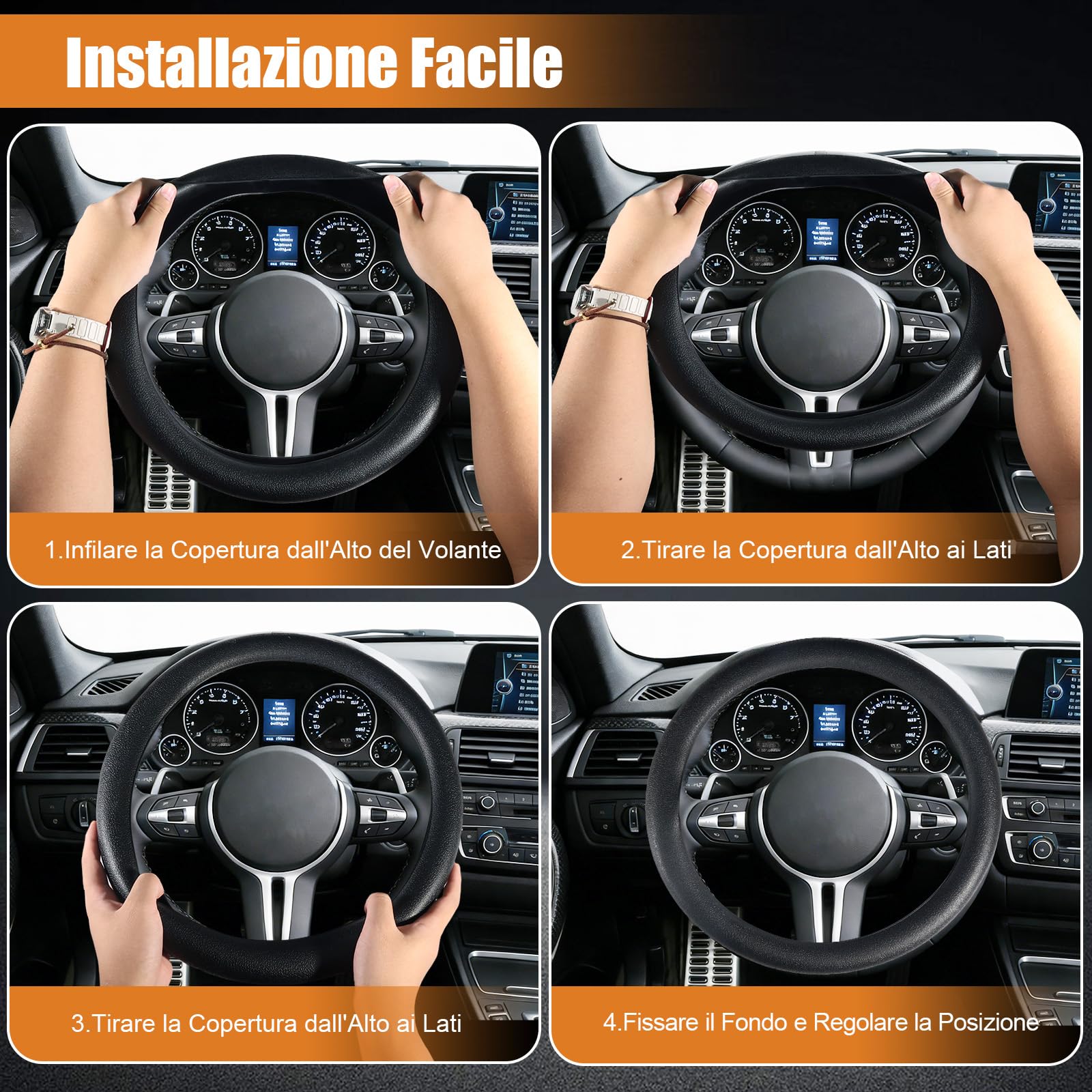 Coprivolante Auto Universale in Silicone Antiscivolo 33-42 cm, Housse Protettiva Elegante e Facile da Pulire, Accessorio per Auto, SUV e Camion – Nero