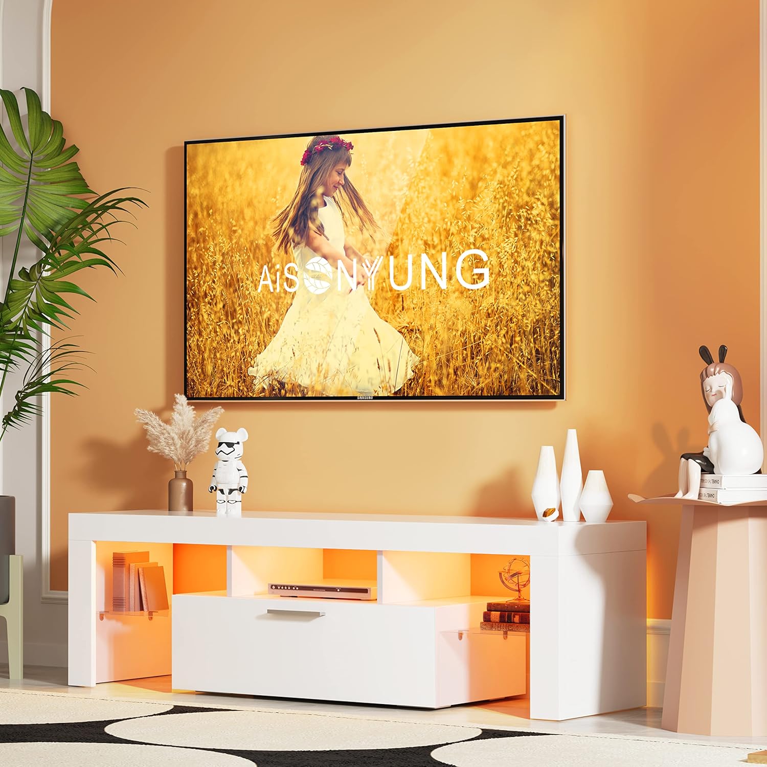 Modern LED 51 inch TV Stand with Storage for 32 40 50 55 Inch TVs, White TV Console with High Gloss Entertainment Center and Open Shelves for Living Room, Bedroom