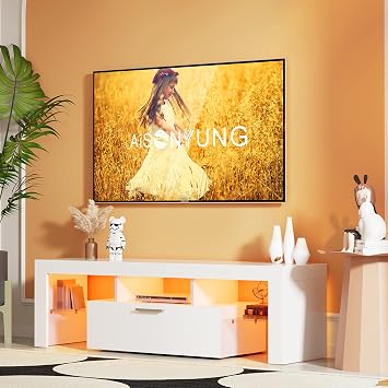 Modern LED 51 inch TV Stand with Storage for 32 40 50 55 Inch TVs, White TV Console with High Gloss Entertainment Center and Open Shelves for Living Room, Bedroom