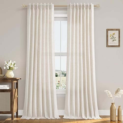 Miniatura 9 de Cortinas plisadas de lino de 108 pulgadas de largo para sala de estar, juego de 2 paneles de cortinas plisadas de lino beige crema, con pestaña
